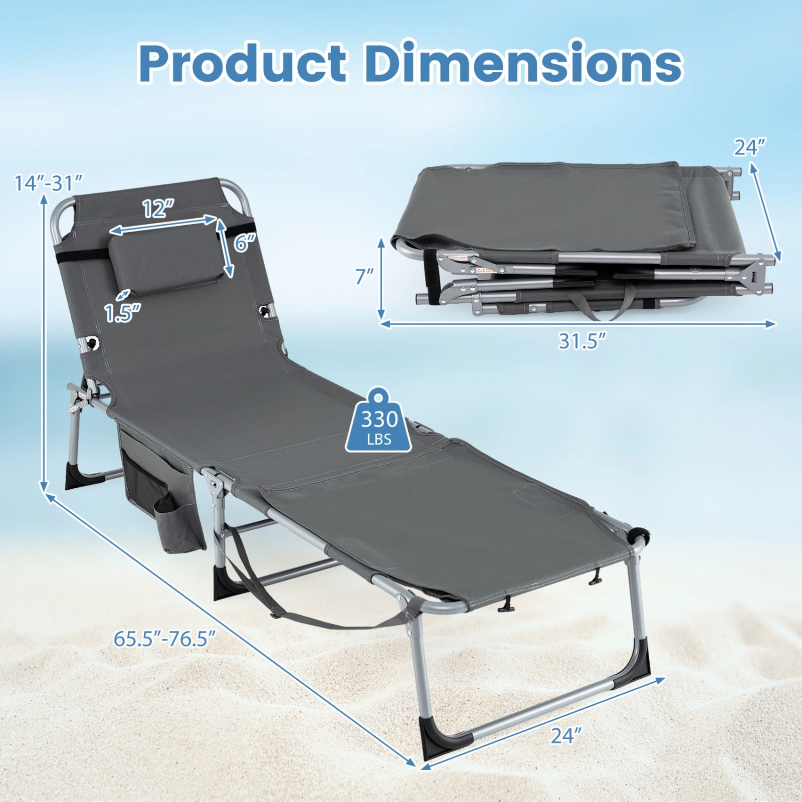 SUGIFT Portable Sun Lounge Chair, U-Shaped Face Opening, 4-Position Reclining Backrest, Gray