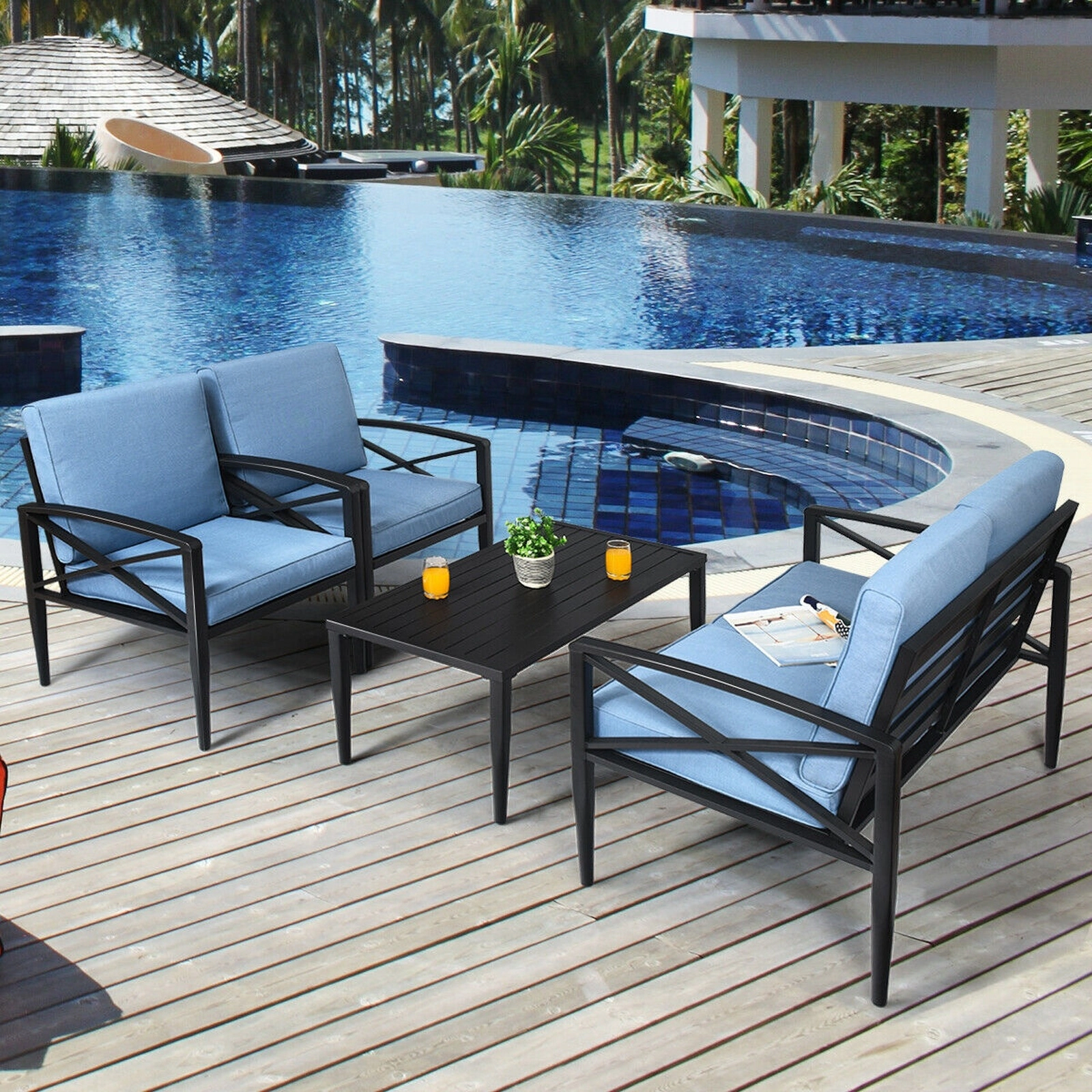 SUGIFT Aluminum Frame Cushioned Sofa and Side Table 4-Piece Blue Patio Furniture Set