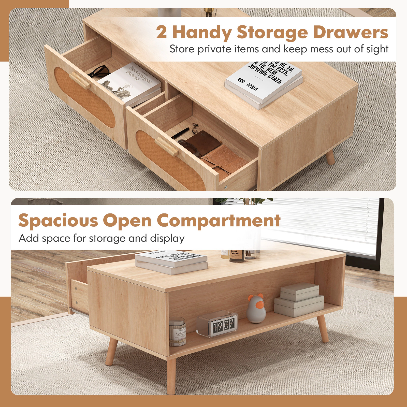 Glintex 39.5-Inch Rattan Coffee Table with 2 Drawers and Back Compartment, Natural