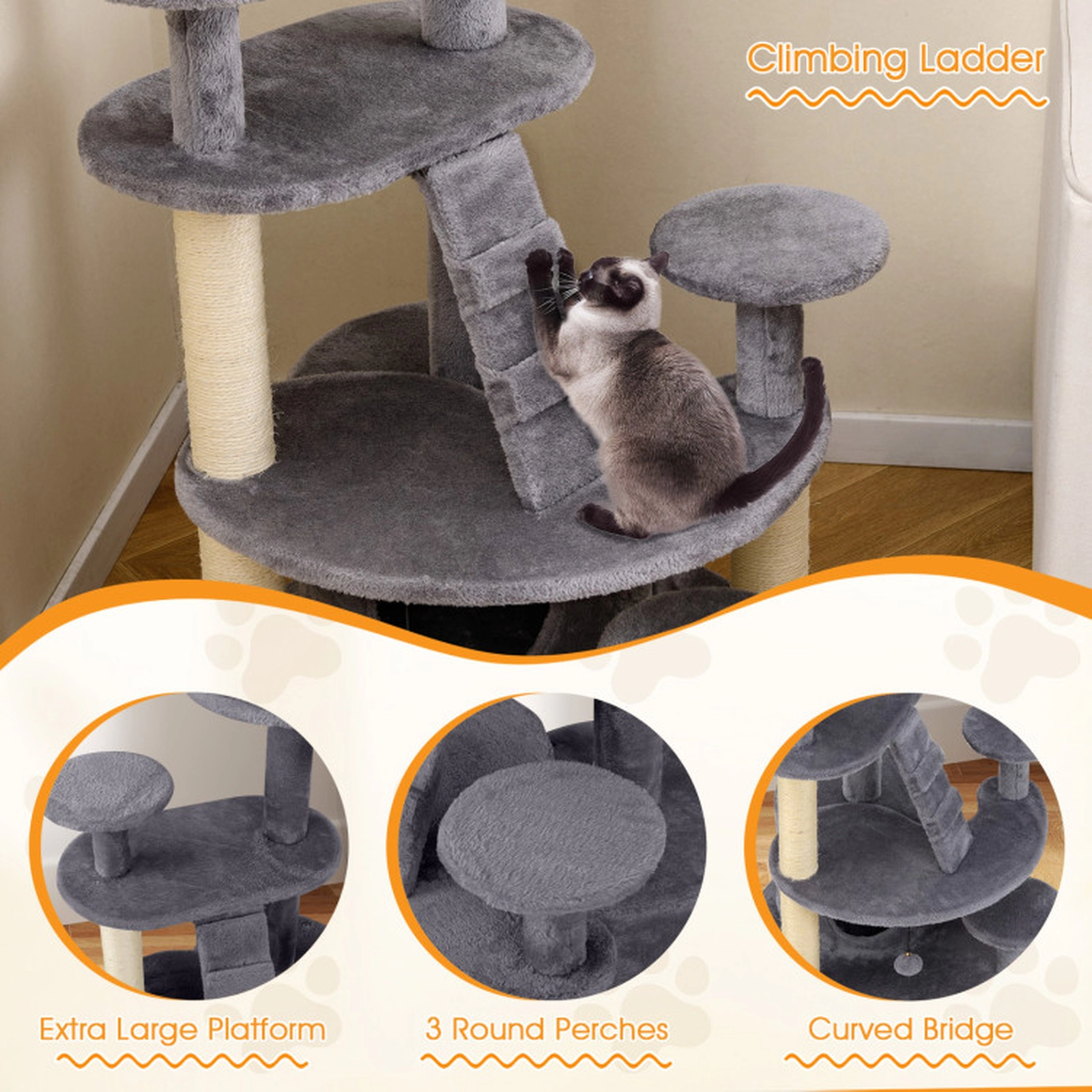 SUGIFT Multi-Level Kitty Tower Cat Tree with Condo, Climbing Ladder and Pompom Toys 33-lb Capacity Beige/Gray
