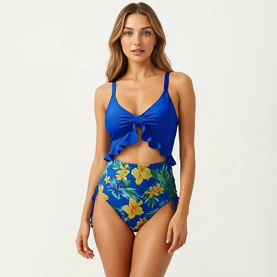 Anna-Kaci Women's Cutout One-Piece Swimsuit with Ruffle Trim Front Tie Detail and High-Waisted Leopard Print Bottom