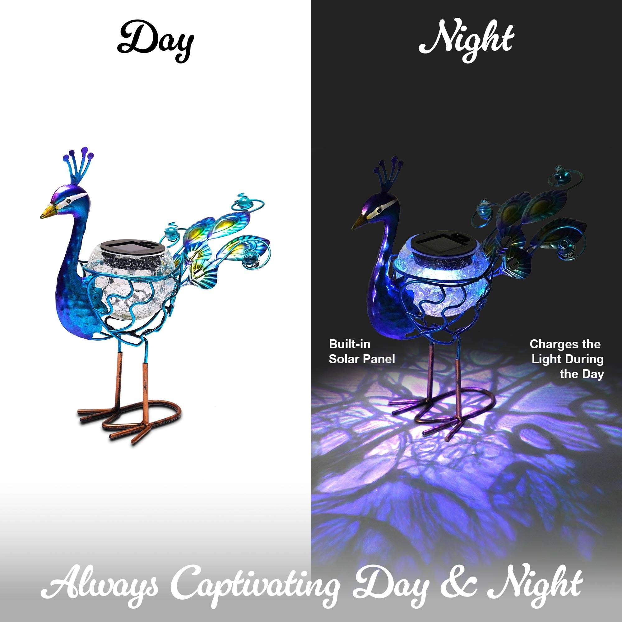 G128 Solar Metal Peacock Garden Statue 12 Inch - Waterproof Hand-Painted Peacock Yard Art with Crackle Glass Solar Light