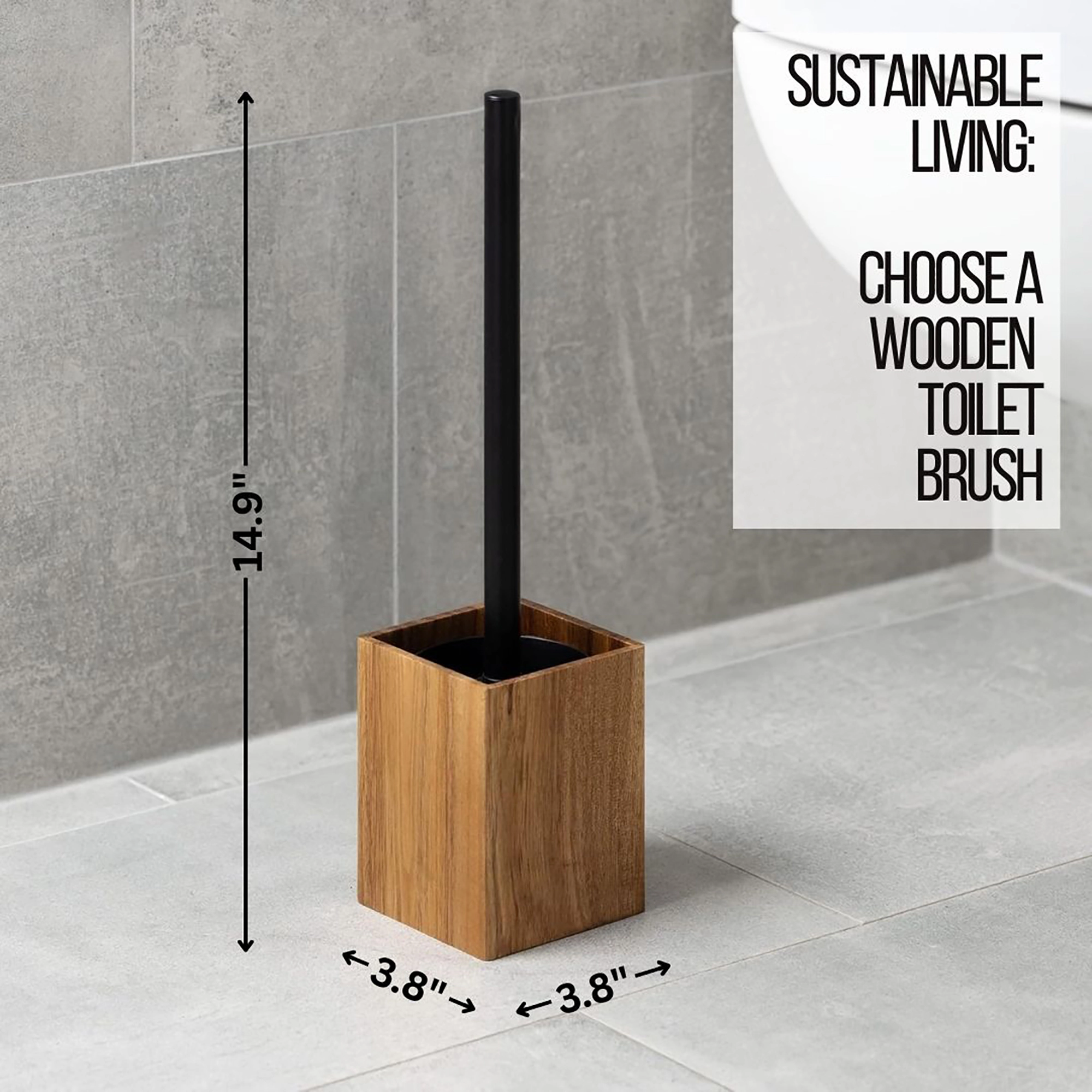 Evideco French Home Goods Acacia Wood Toilet Brush and Holder Set - Square Base, Black Handle