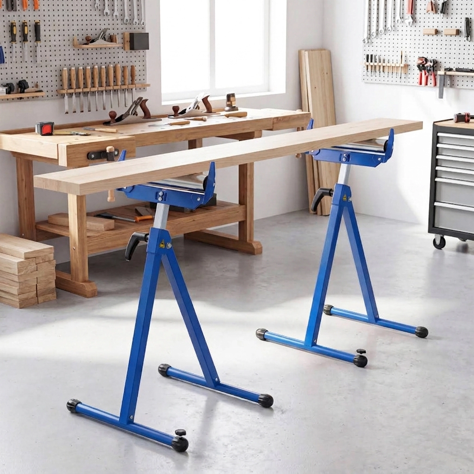 SUGIFT 2-Pack Folding Roller Stands Outfeed Supports 250-lb Capacity Adjustable 28.5-45-in Height Blue/Red/Yellow