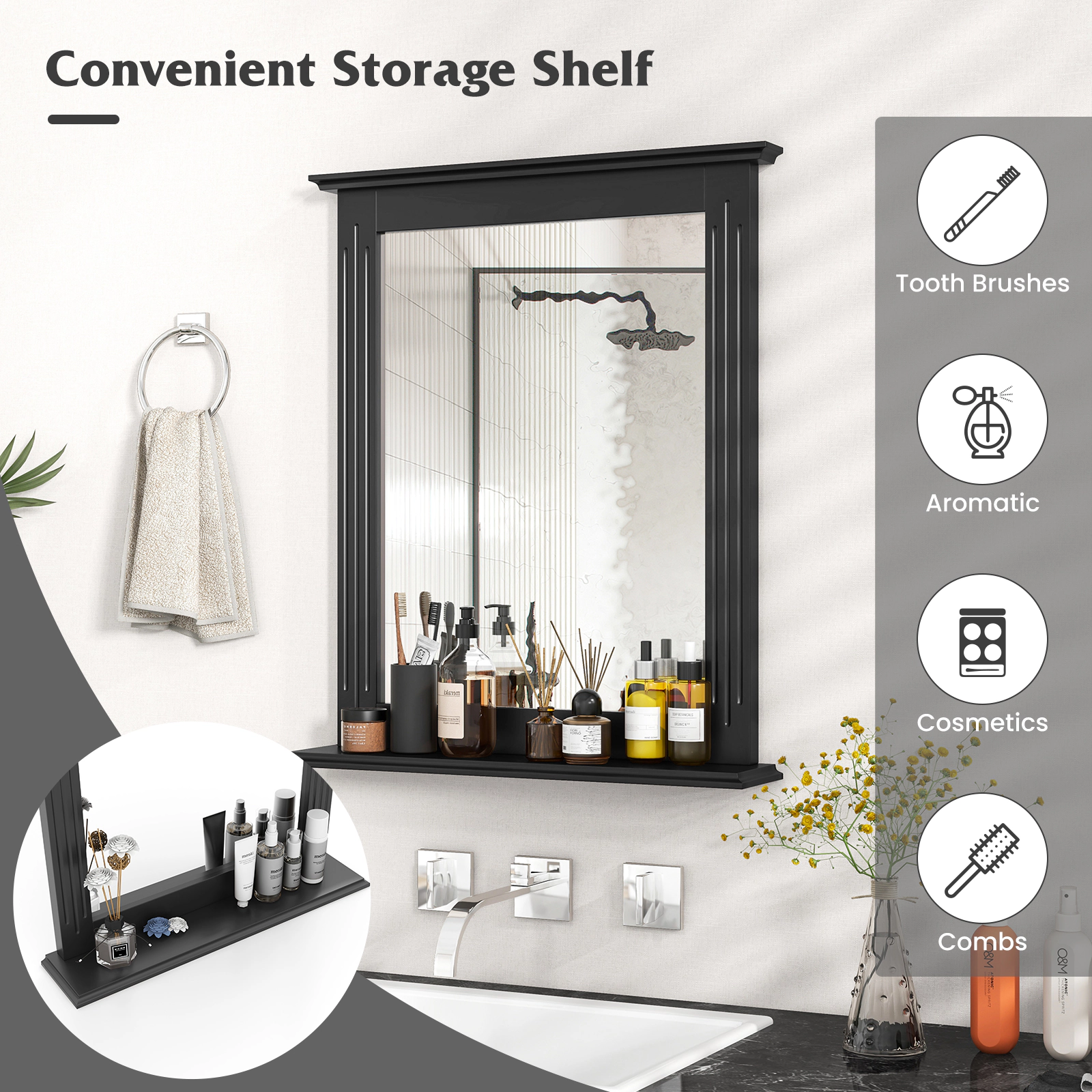 SUGIFT Wall-Mounted Vanity Mirror Black with Storage Shelf for Bathroom