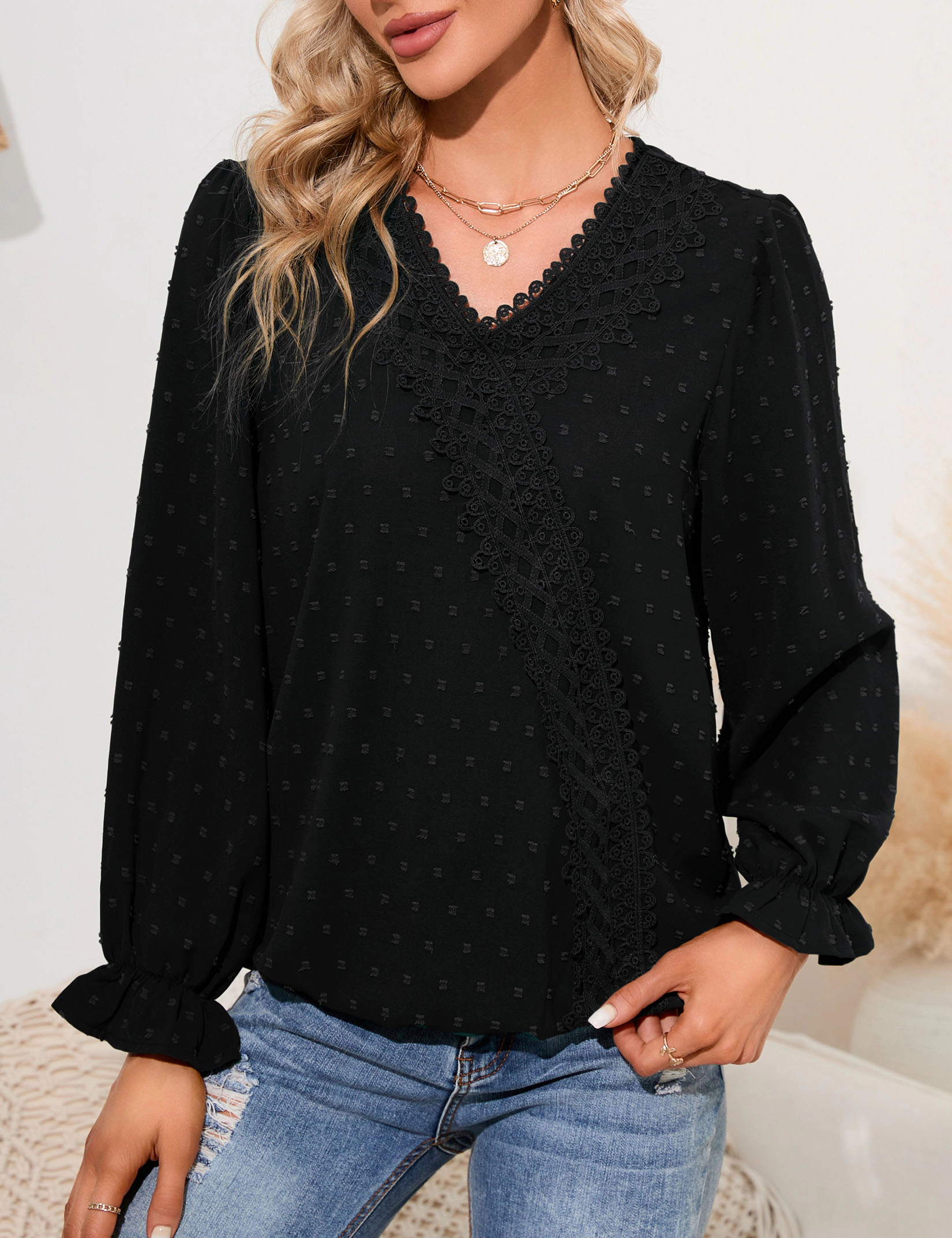 KOJOOIN Women's Tops Long Sleeve V Neck Lace Chiffon Blouses Dressy Casual Pom Poms Shirts