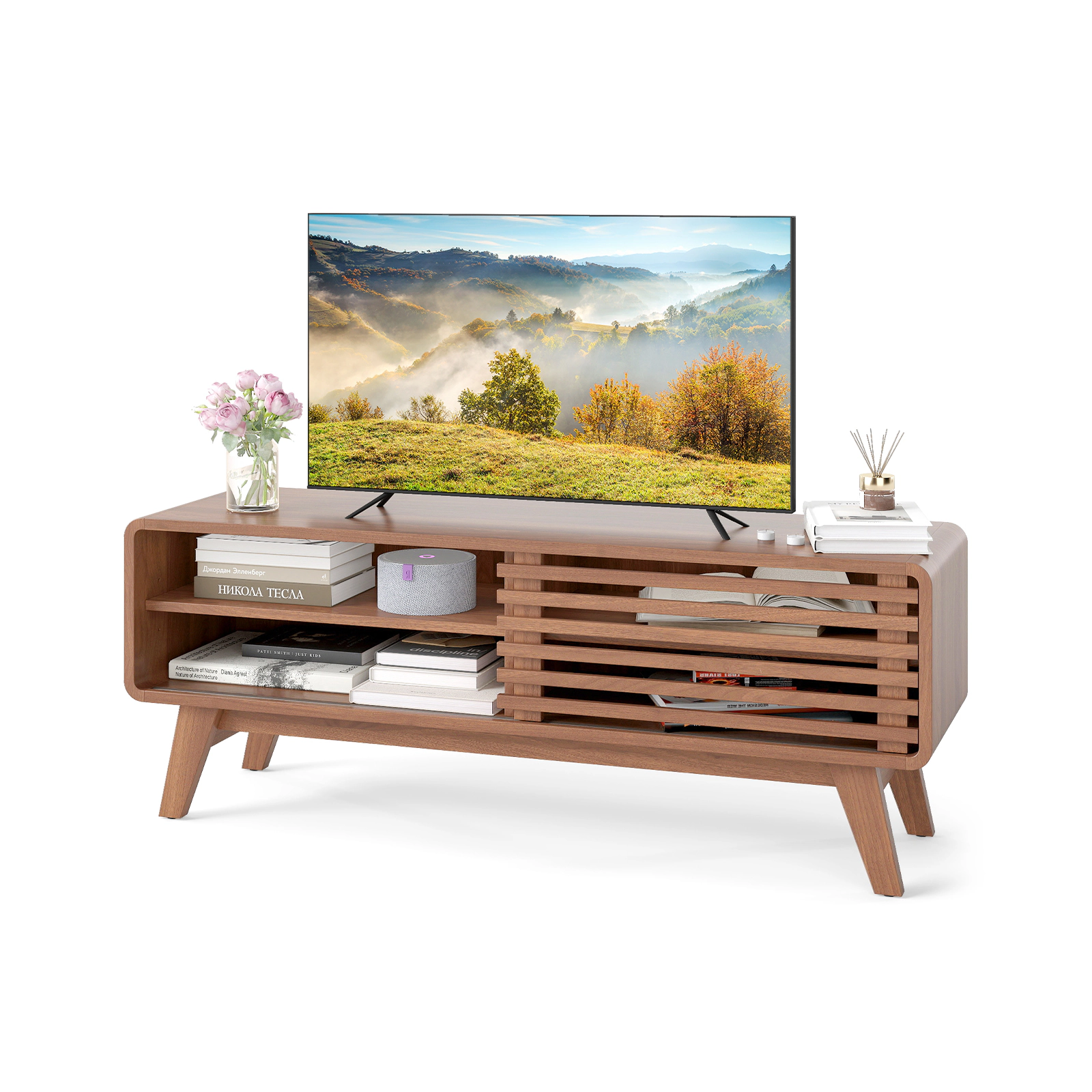 SUGIFT Sliding Door TV Stand for TVs up to 55 in with Adjustable Shelves 220-lb Top Capacity Walnut