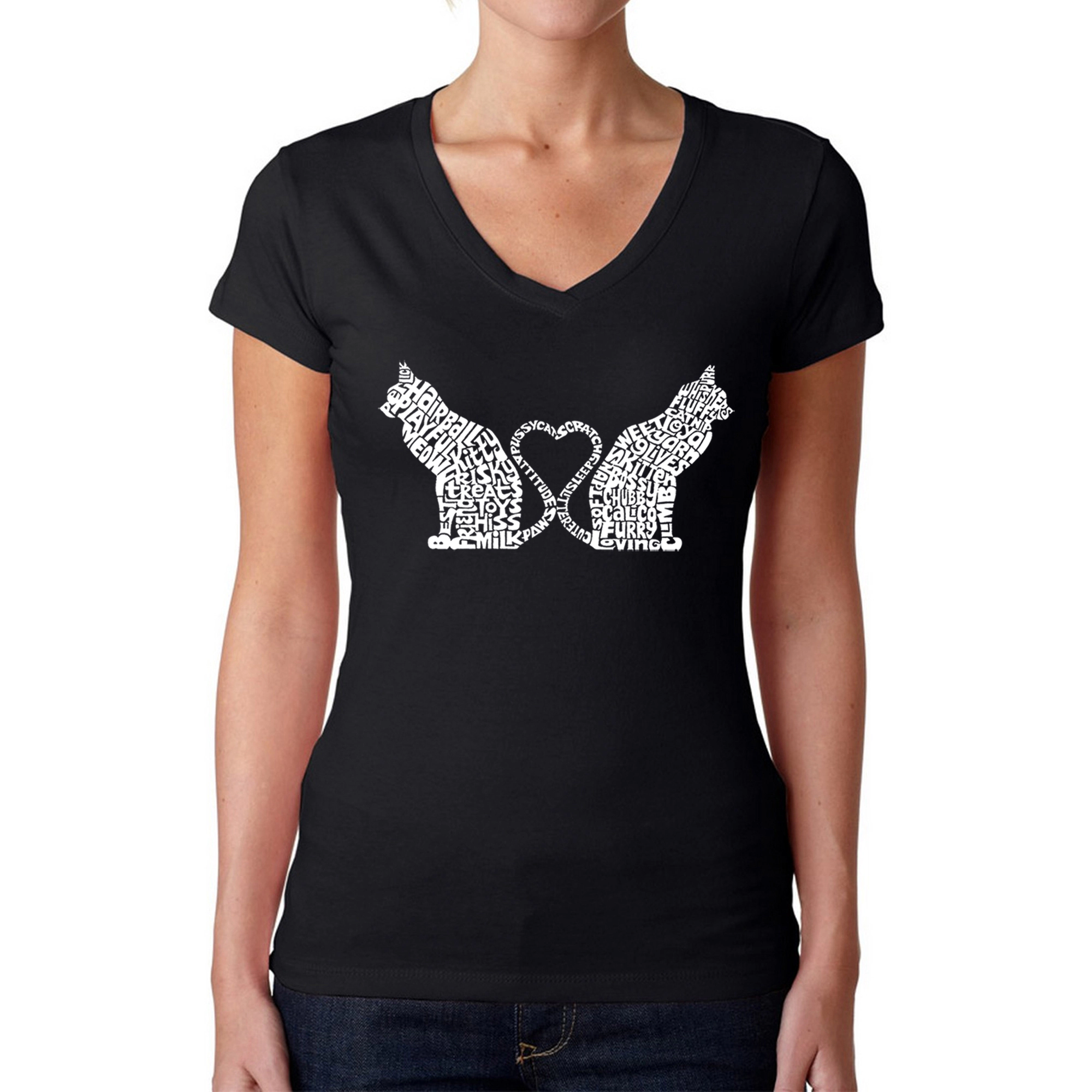 LA Pop Art Womens Word V-Neck T-Shirt - Cat Tail Hearts