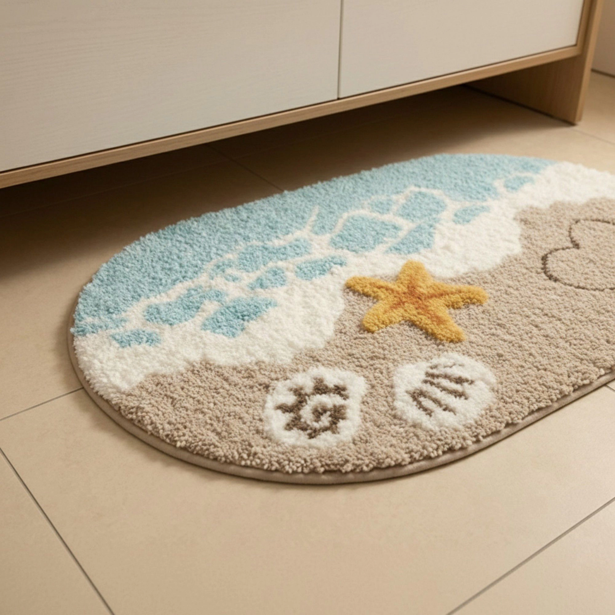 Alilang Unisex Beach Inspired Tufted Bathroom Bath Mats Set with Seashell Starfish Pattern Soft Plh Texture 2 Piece Set
