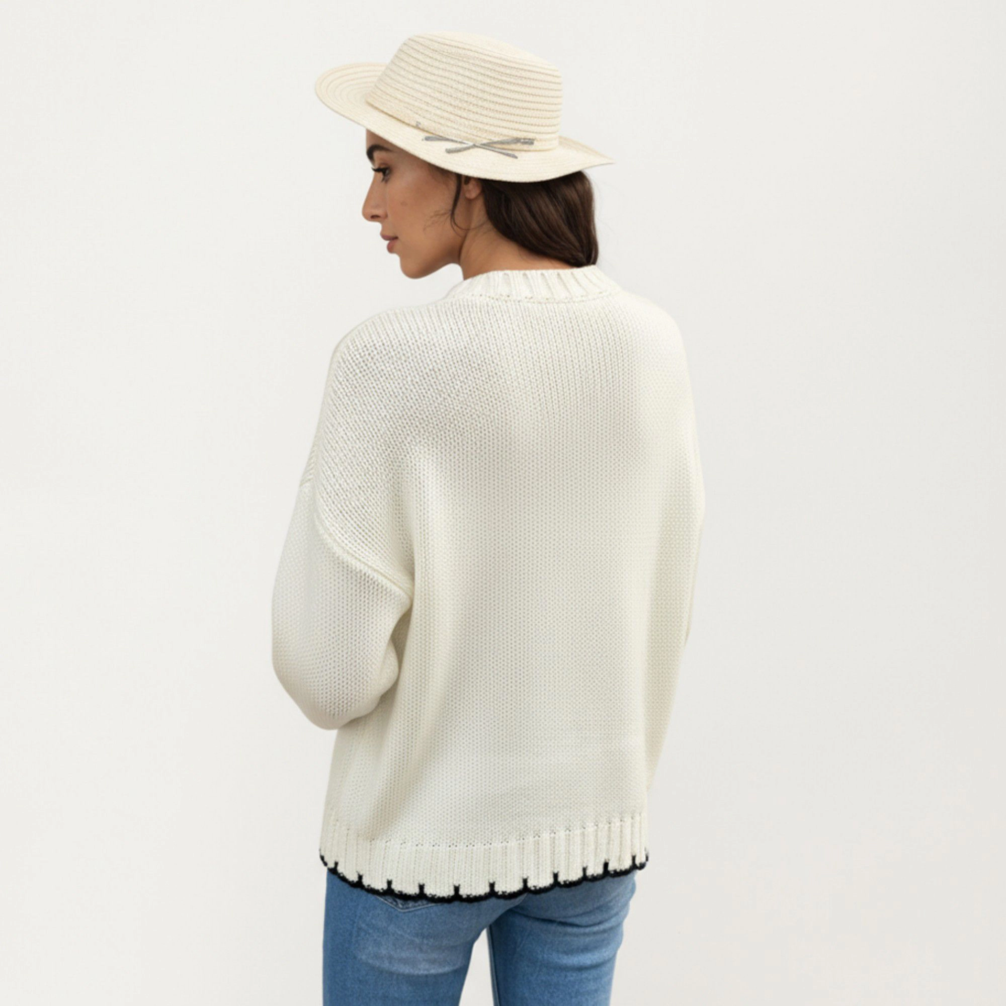 Anna-Kaci Women's Patchwork Cable Knit Sweater with Contrast Stitching Ribbed Trim