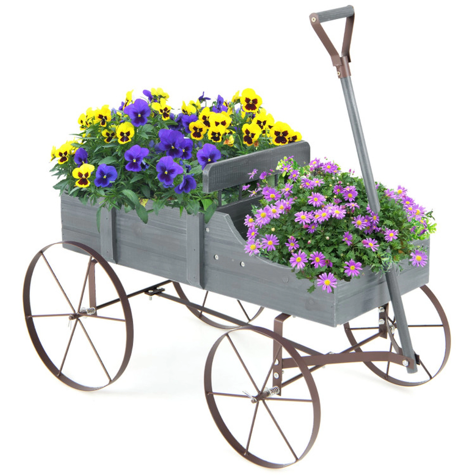 SUGIFT 33-lb Capacity 2-Section Fir Wood Rolling Garden Planter Wagon with Metal Wheels and Handle