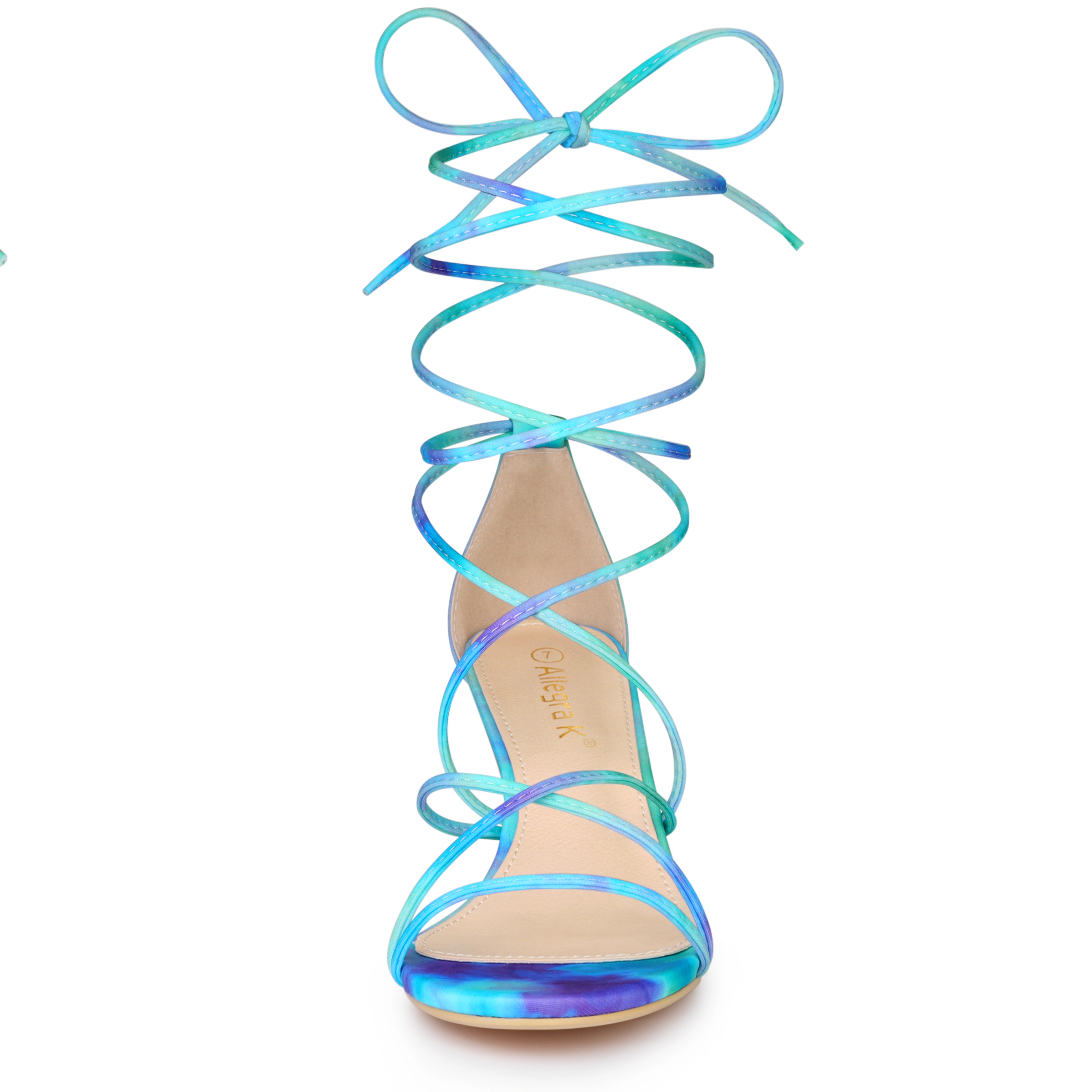 BLISSFUL STEP Women's Tie Dye Strappy Open Toe Lace Up Kitten Heel Sandals