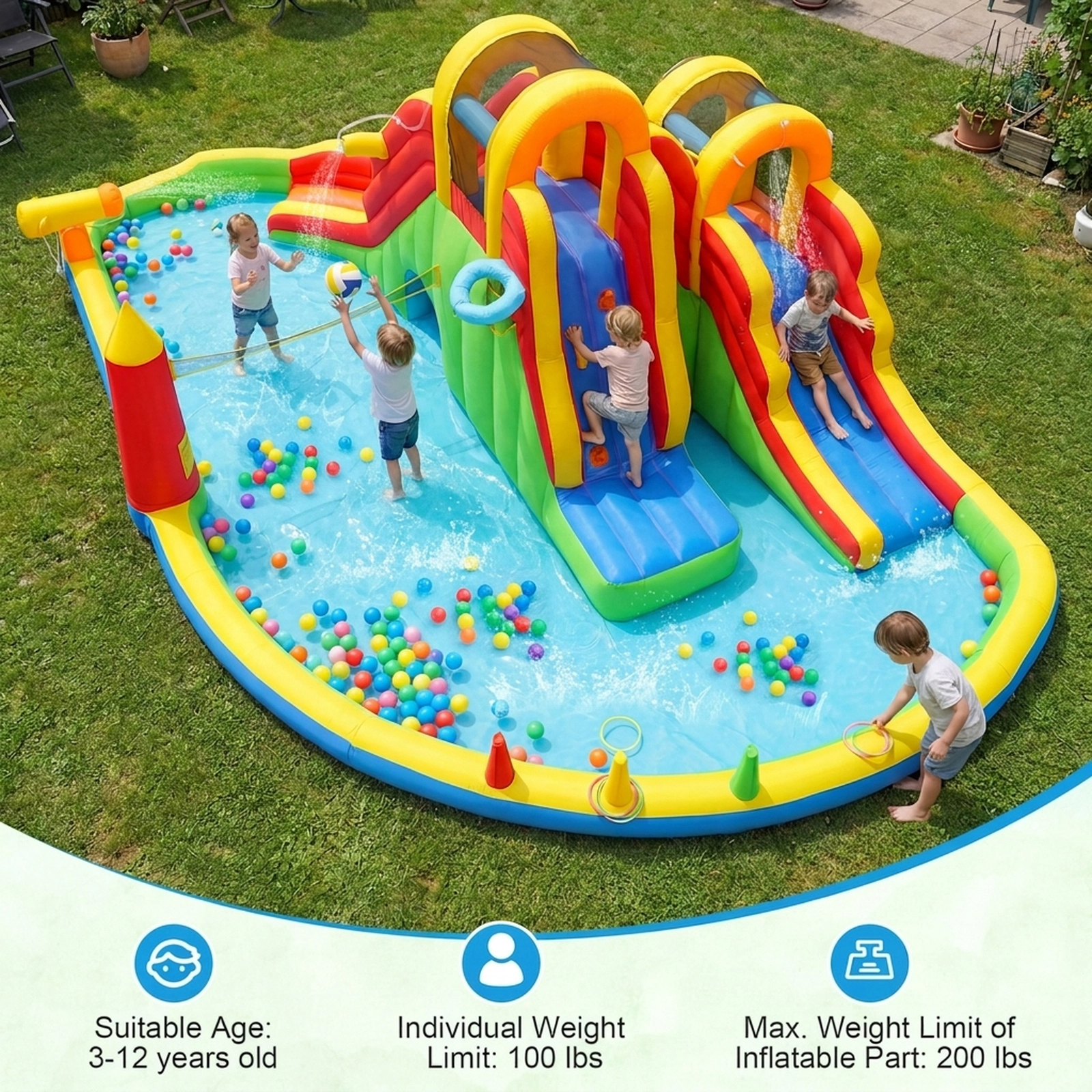 SUGIFT 2 Long Slides Ball Games and 750W Air Blower Included Kids Inflatable Water Slide Park