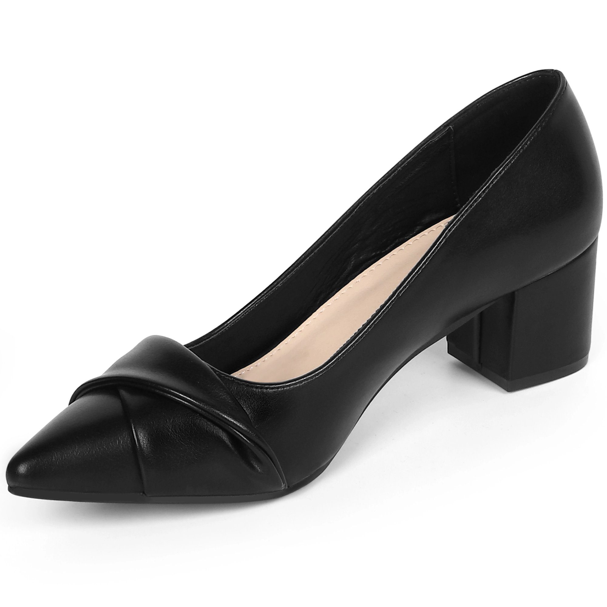 BLISSFUL STEP Women Faux Leather Pointy Toe Chunky Heel Slip On Pumps