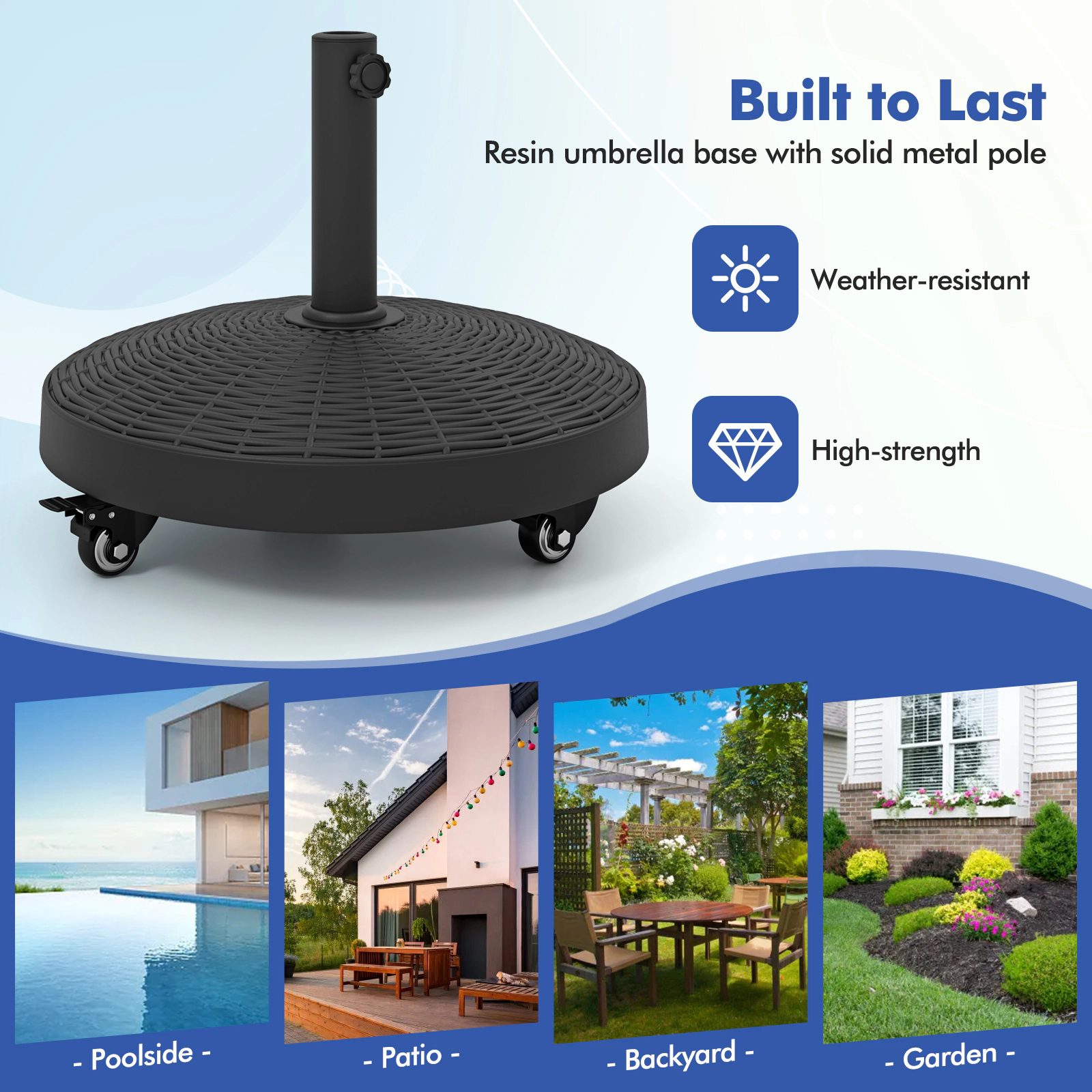 Slickblue Rolling Patio Umbrella Stand Base 50 lb Resin Steel 4 Swivel Lock Wheels Deck Garden