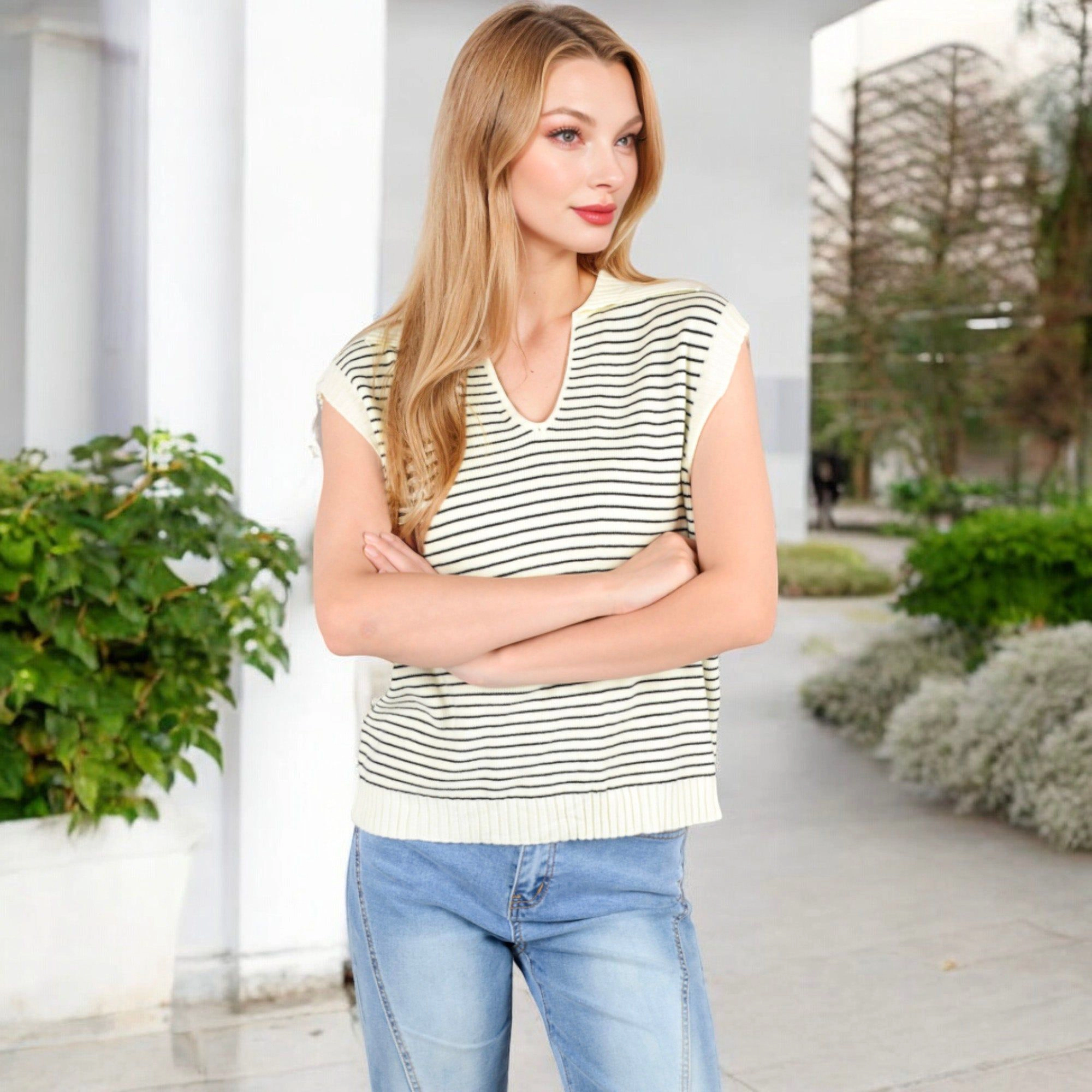 Anna-Kaci Women's Sleeveless Knit Striped V-Neck Sweater Vest with Ribbed Trim for Casual Styles