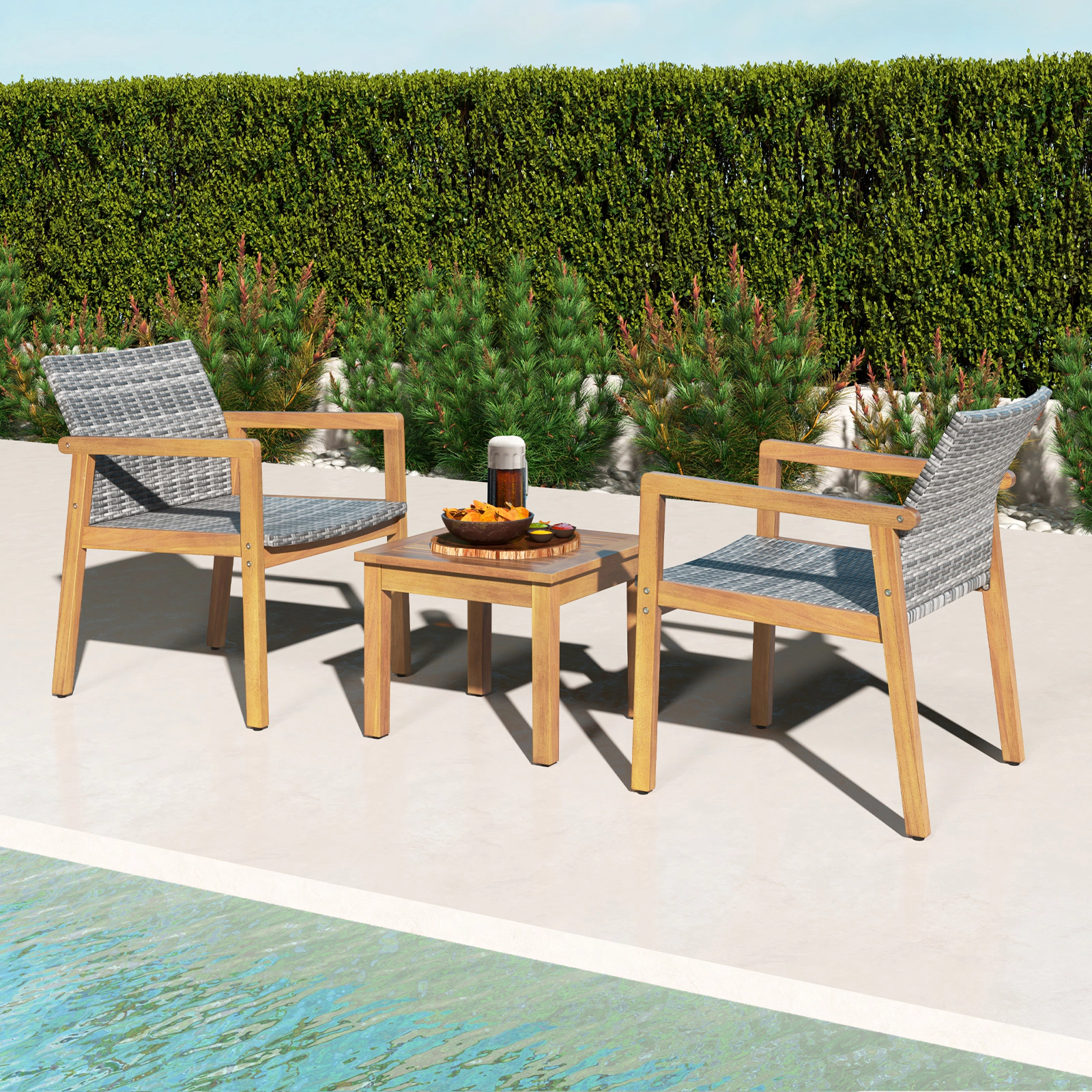 SUGIFT 3-Piece PE Rattan and Acacia Wood Patio Conversation Set with Coffee Table 400-lb Chair Capacity Mix Gray