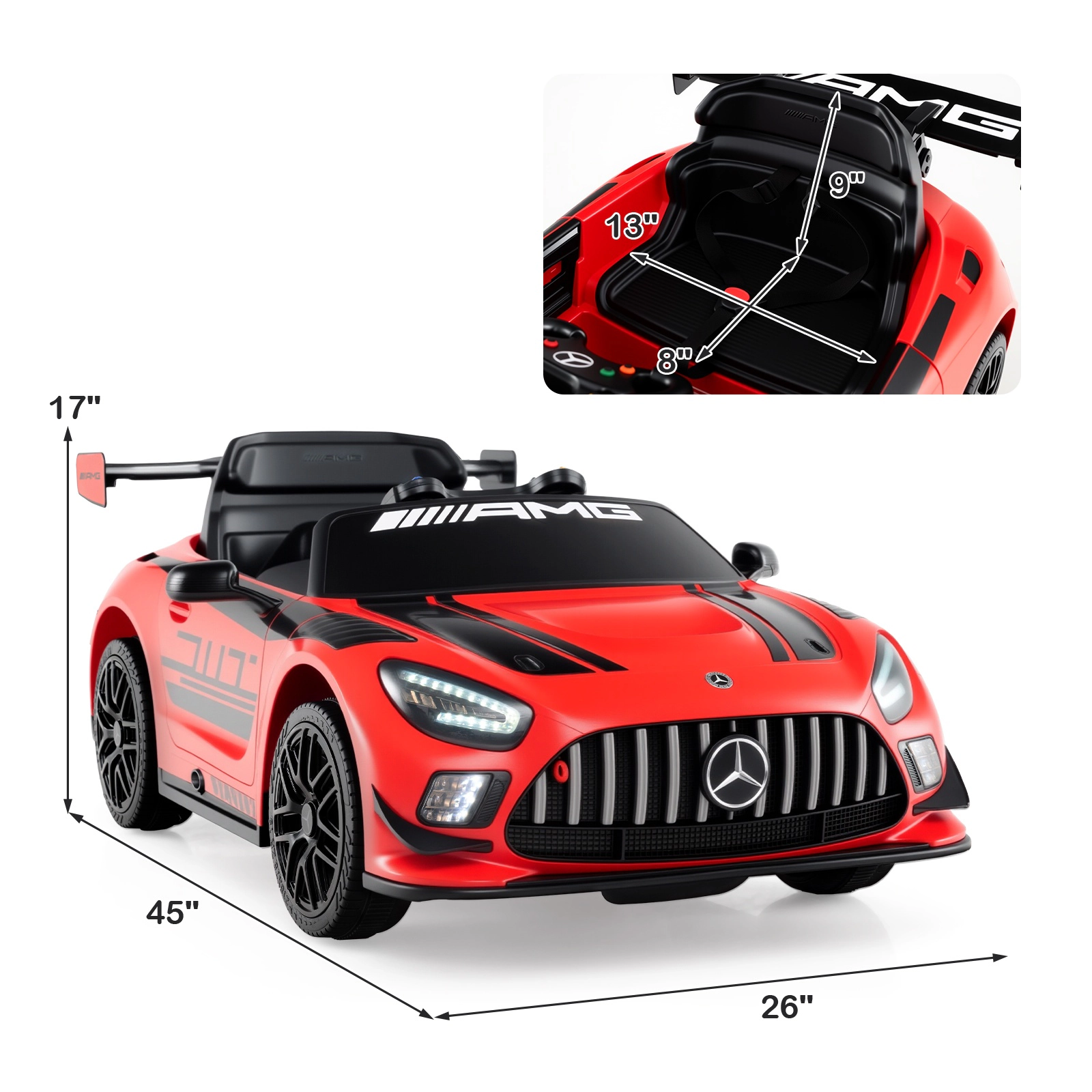 SUGIFT 12V Licensed Mercedes-AMG GT3 Kids Ride-On Car Remote 55-lb Capacity Ages 3+ 45-in Body 13-in Seat Black/White