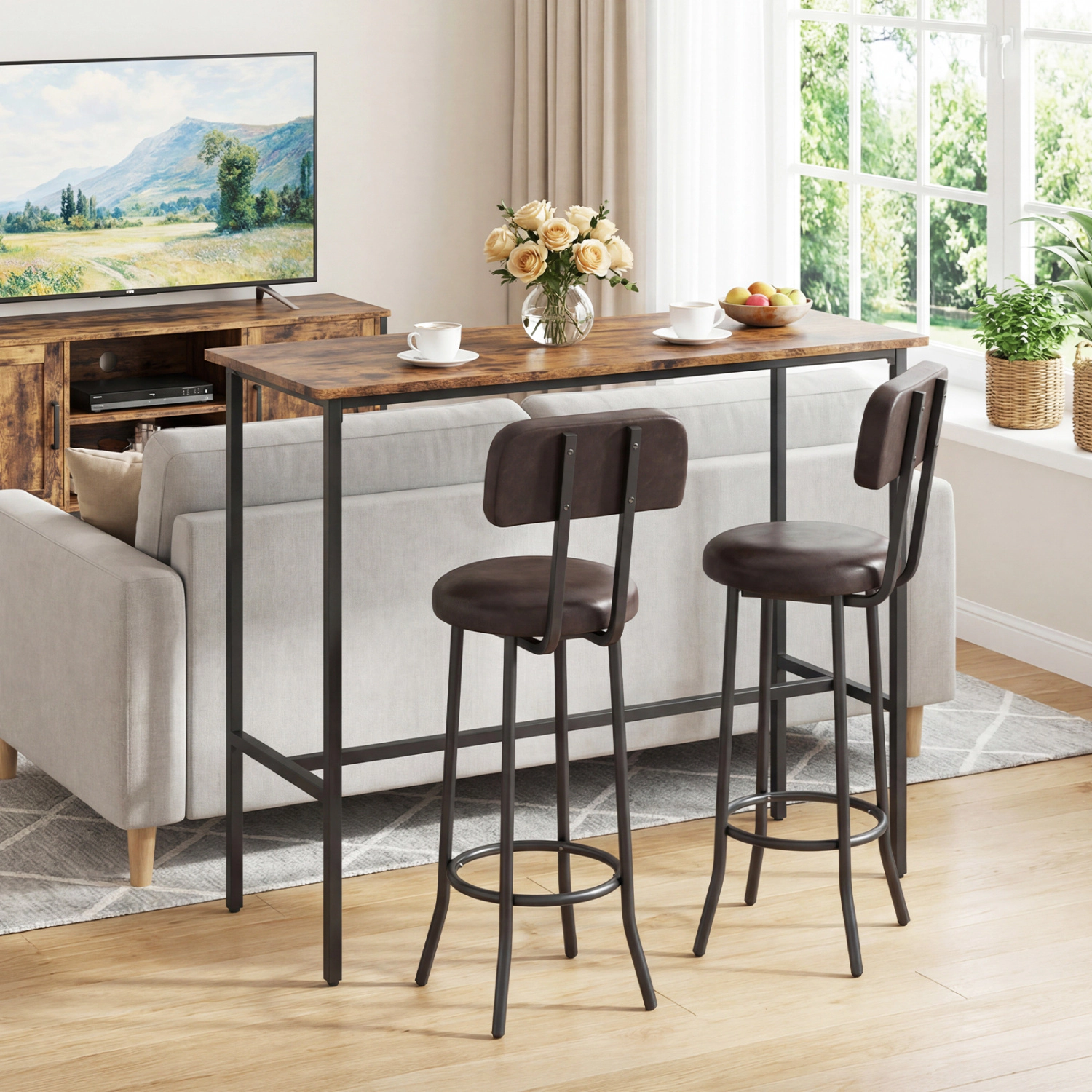 Slickblue Pub Table Set with 2 Stools Counter Height Kitchen Dining Set Rustic Brown-3 Pieces