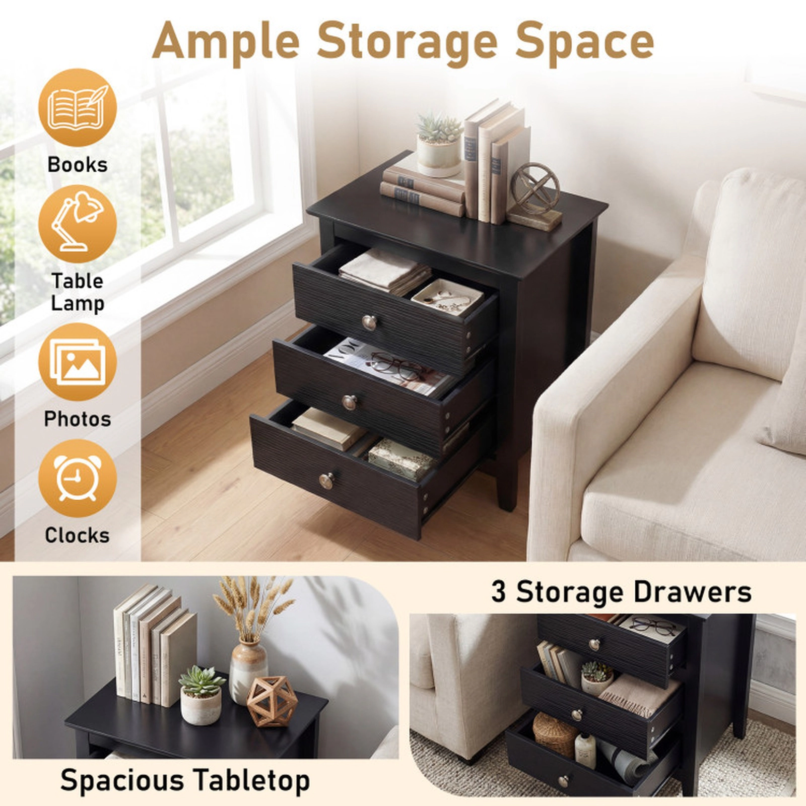 SUGIFT Modern Farmhouse 3-Drawer Nightstand, Black MDF with Wood Grain Accents