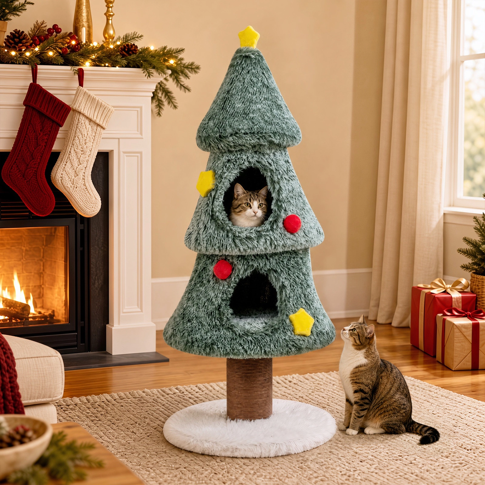 SUGIFT 50-in Tall Christmas Tree Shaped Cat Tree Tower with 2 Condos Scratching Post and Plush Perch