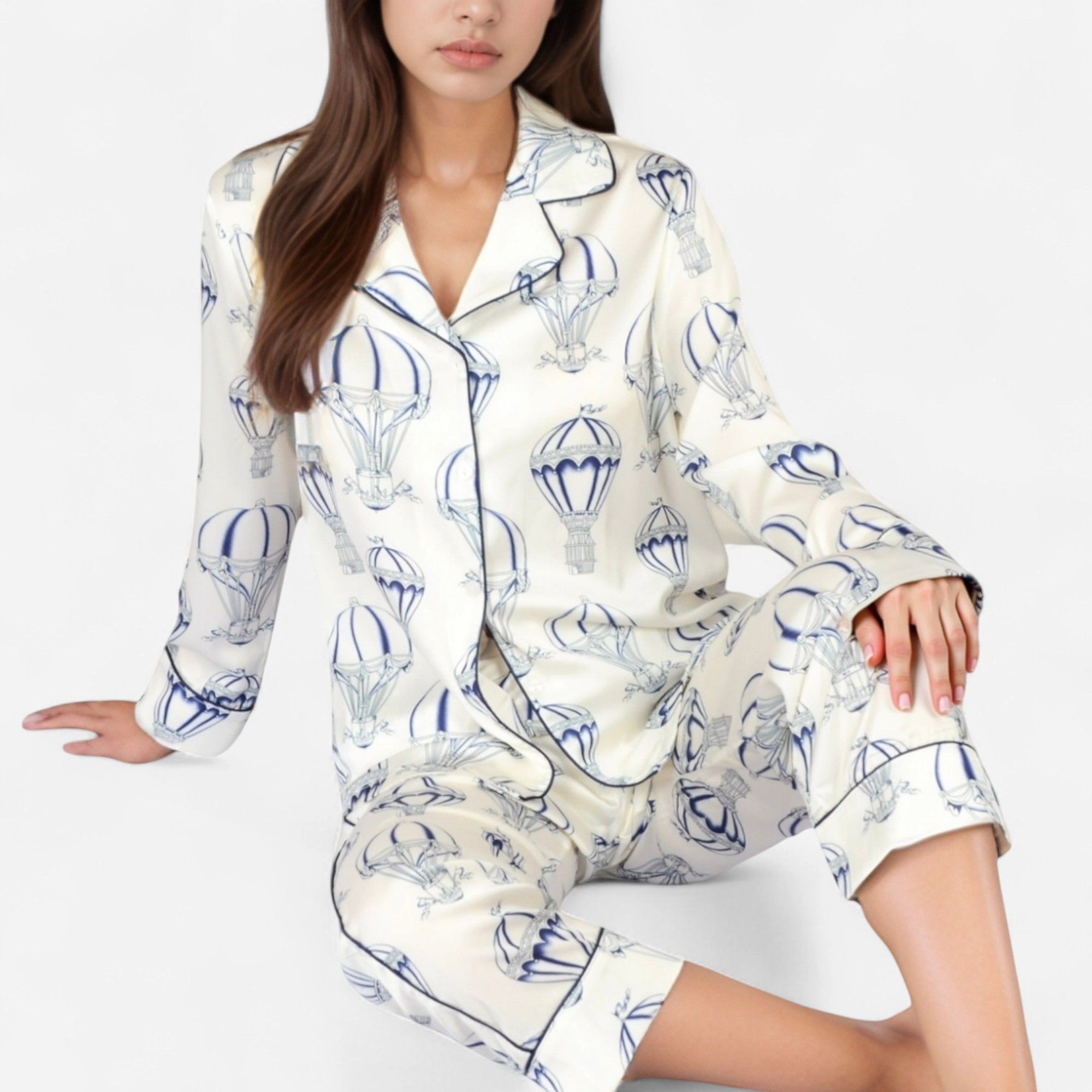 Anna-Kaci Women's Hot Air Balloon Print Pajama Set with Long Sleeve Button Down Top and Cropped Pants