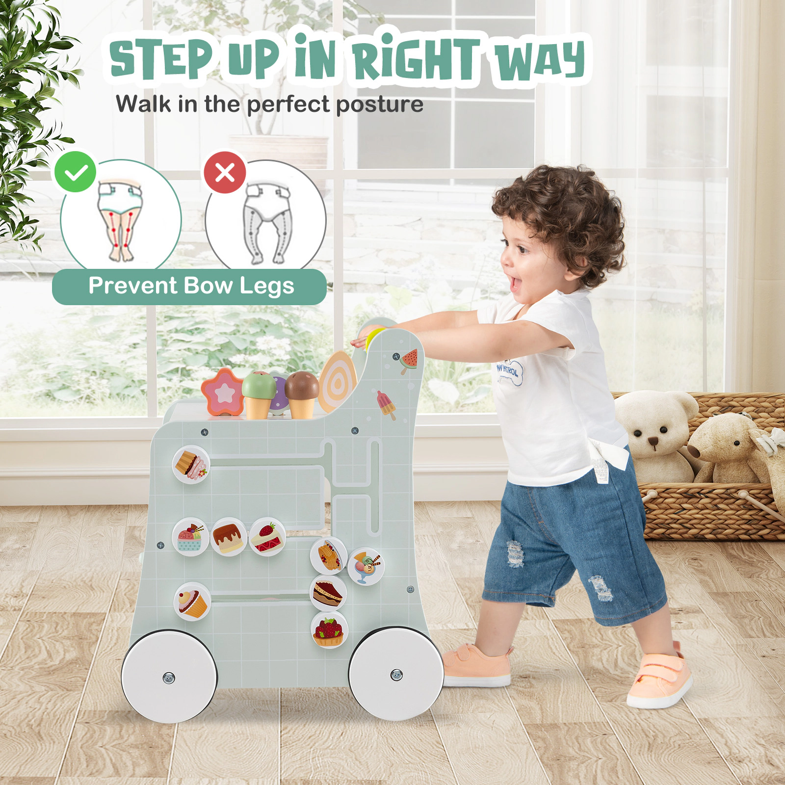SUGIFT Light Green Ice Cream Shop Play Set and Storage 2-in-1 Wooden Baby Walker
