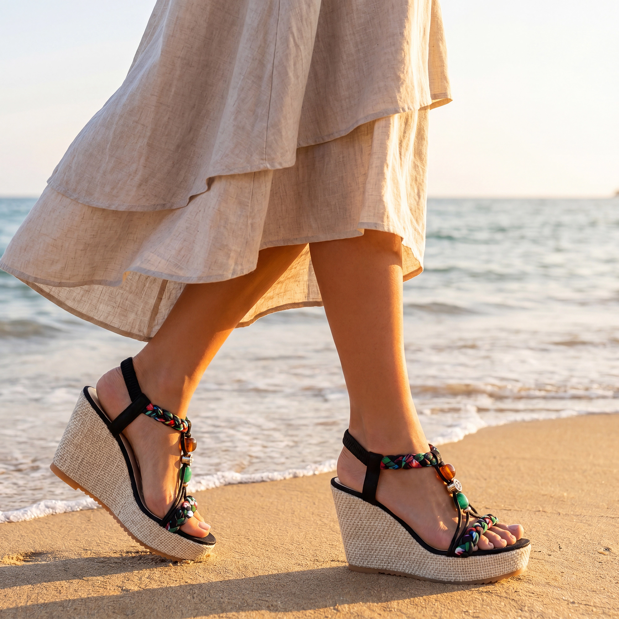 BLISSFUL STEP Women's Beaded Elastic T-Strap Platform Peep-Toe Sandals