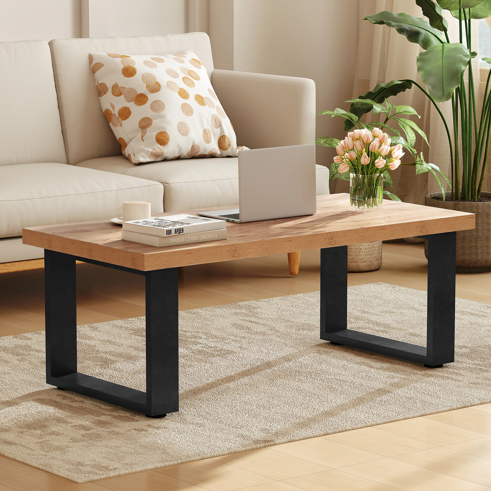 SUGIFT 1.8-in Thick Top Engineered Wood Farmhouse Rustic Coffee Table 47-in x 23-in x 18-in 176-lb Capacity Oak