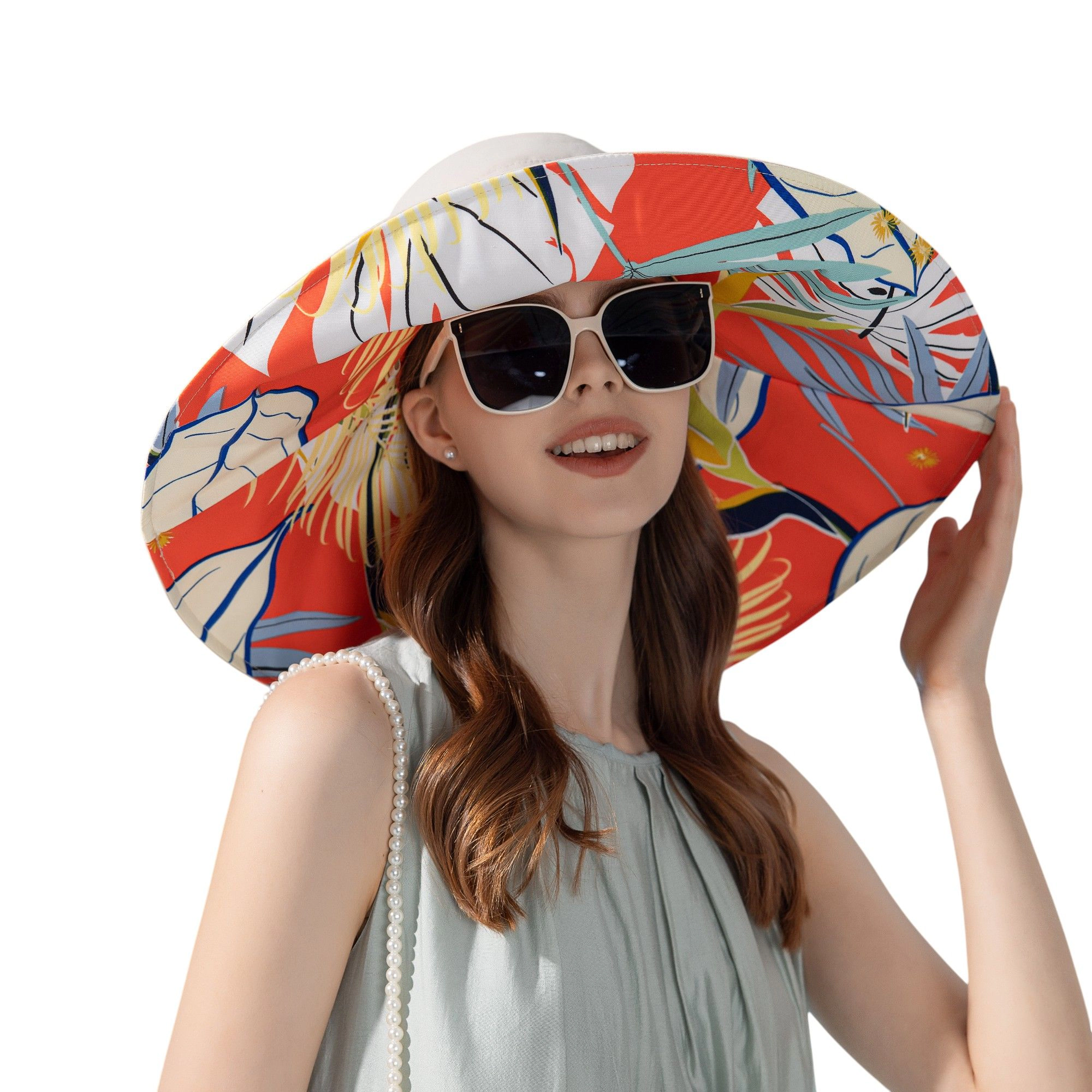 Anna-Kaci Women's Wide Brim Floppy Sun Hat with Colorful Printed Underside UV Protection Lightweight Foldable Design