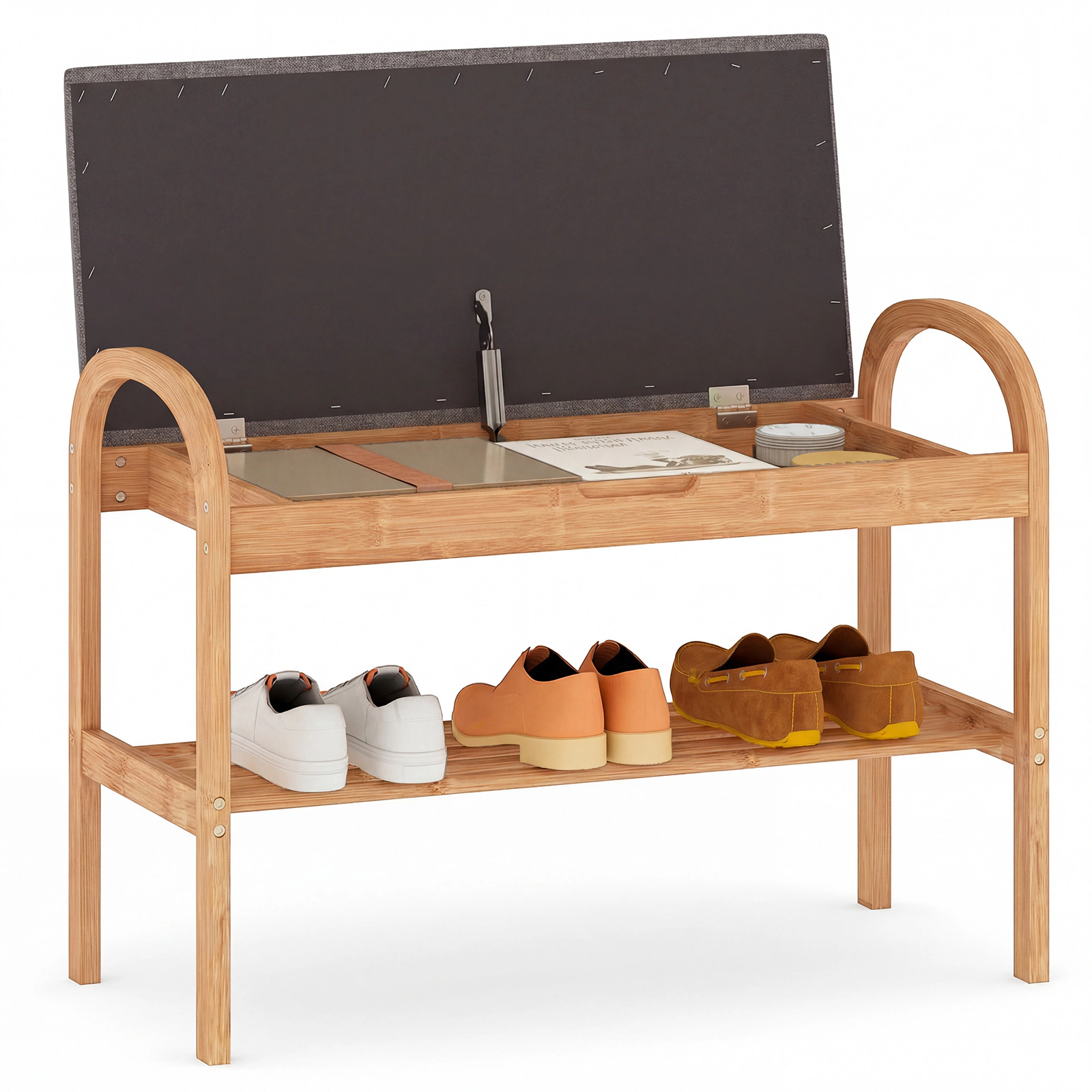 Glintex 2-Tier Bamboo Shoe Bench with Hidden Compartment and Lid Support Hinges, Gray