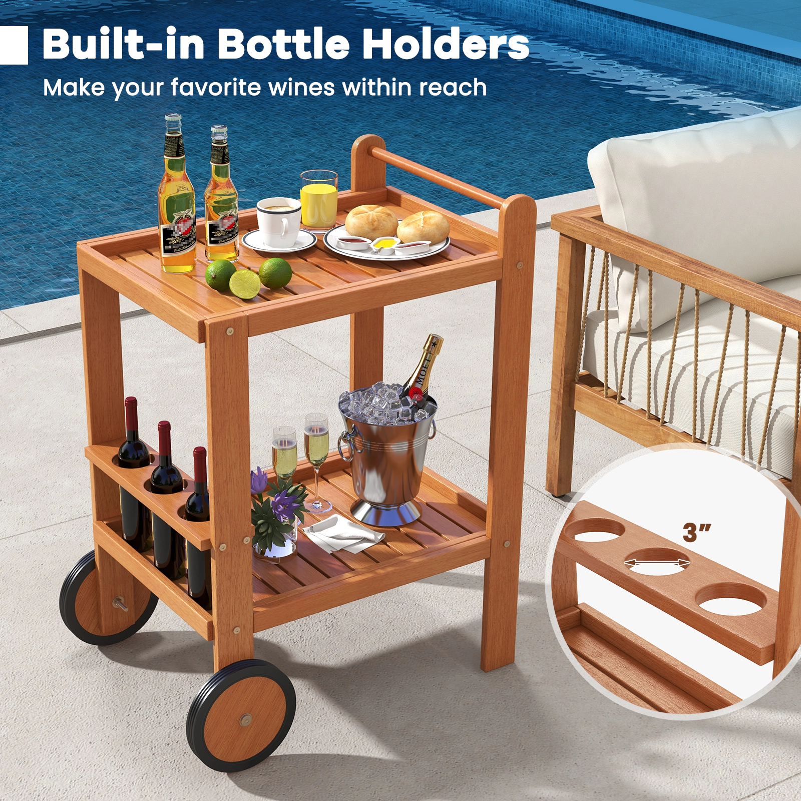 SUGIFT 2 Tier Rolling Hardwood Serving Cart with Wine Bottle Holders 44-lb Tier Capacity Natural