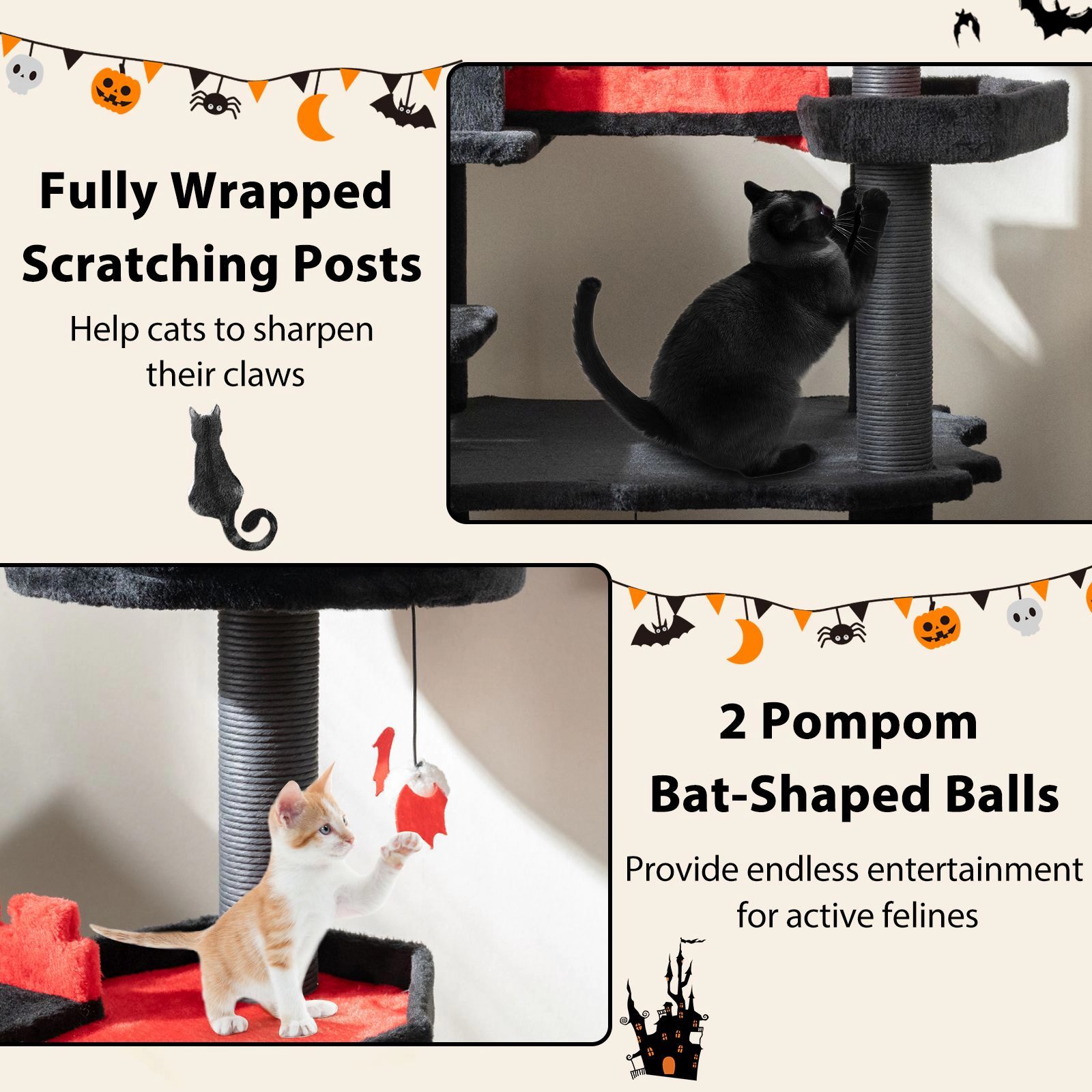 SlickBlue 49" Gothic Cat Tree with Coffin Bed, 2 Condos & Scratcher