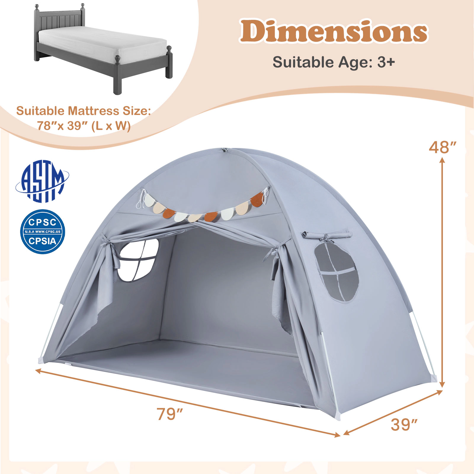 SUGIFT Indoor Canopy Tent for Twin Bed Kids Ages 3+ 79-in Long Brushed Fabric Gray