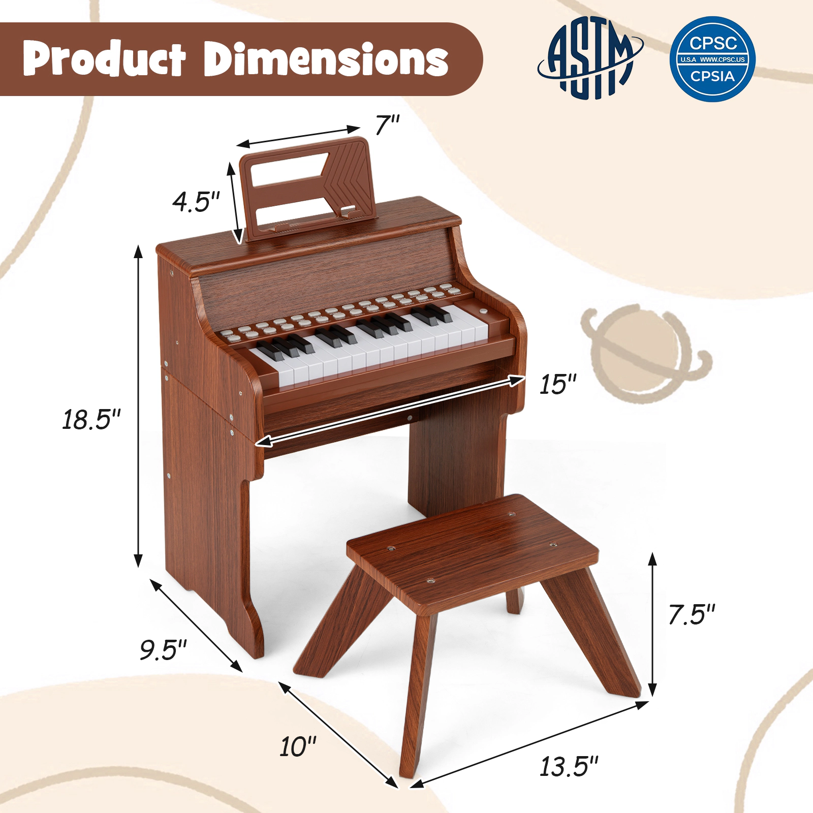 SUGIFT Brown 25-Key Kids Piano Keyboard with Stool Removable Legs and Adjustable Speed and Volume