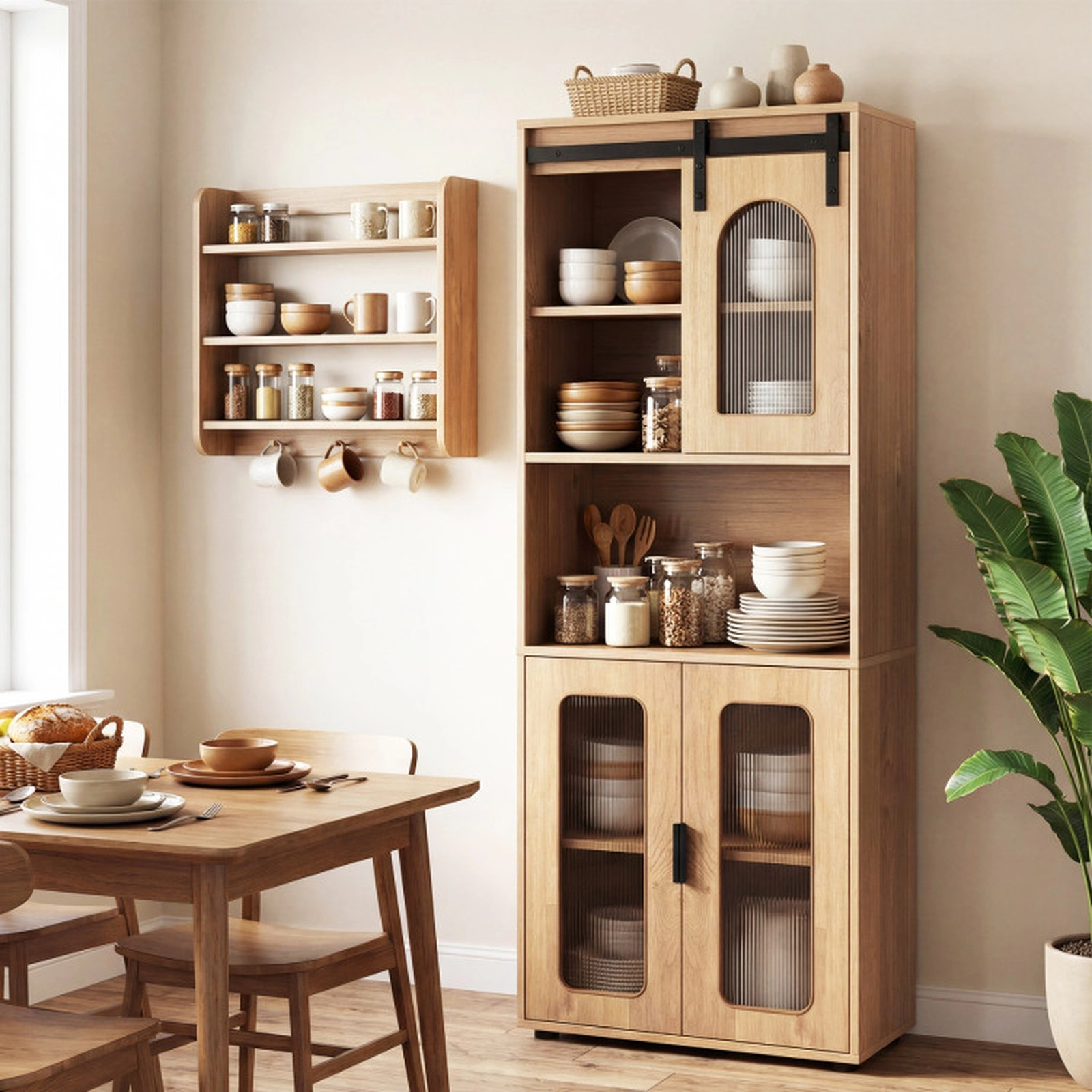 SUGIFT Sliding Barn Door Open Compartment Tall Bathroom Floor Cabinet 23.5-in x 12-in x 59-in 44-lb per Shelf Natural