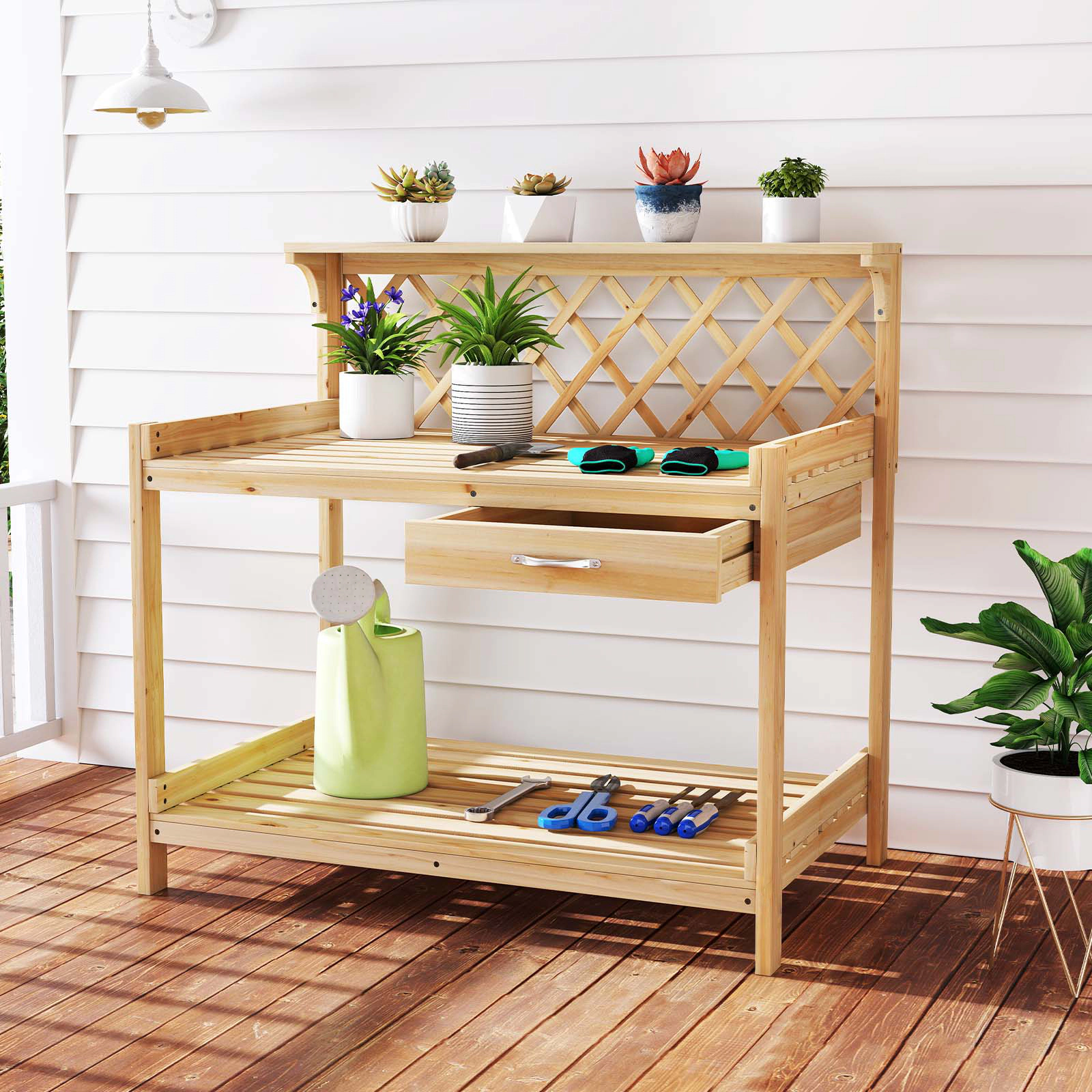 LJG Garden Potting Bench Table Wooden Planting Workstation with Lattice Trellis