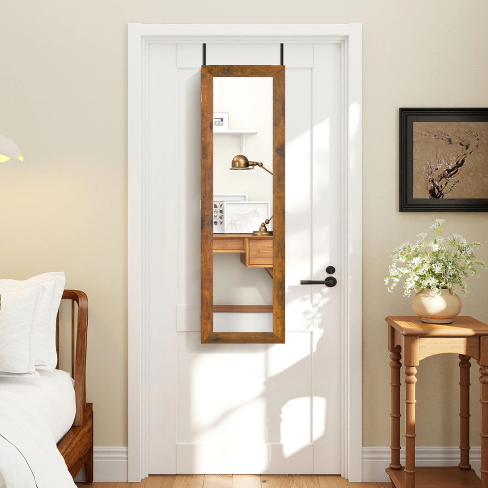 SUGIFT Over Door Mount Full-Length Mirror Jewelry Cabinet Armoire 12.5-in x 3.7-in x 43.5-in 25 Hooks Rustic Brown