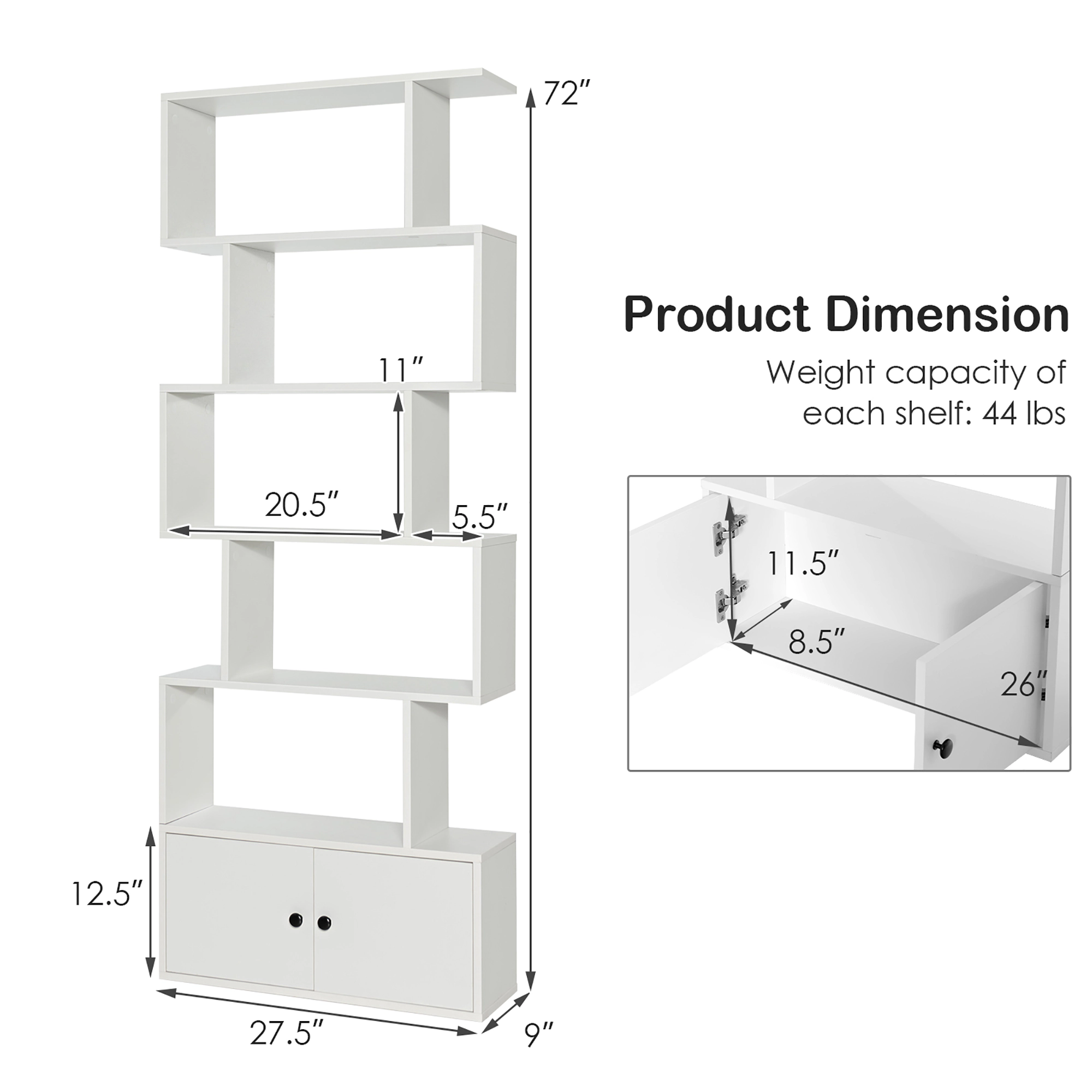 Costway Bookshelf with Cabinet 6-Tier S-Shaped Bookcase Storage Rack White