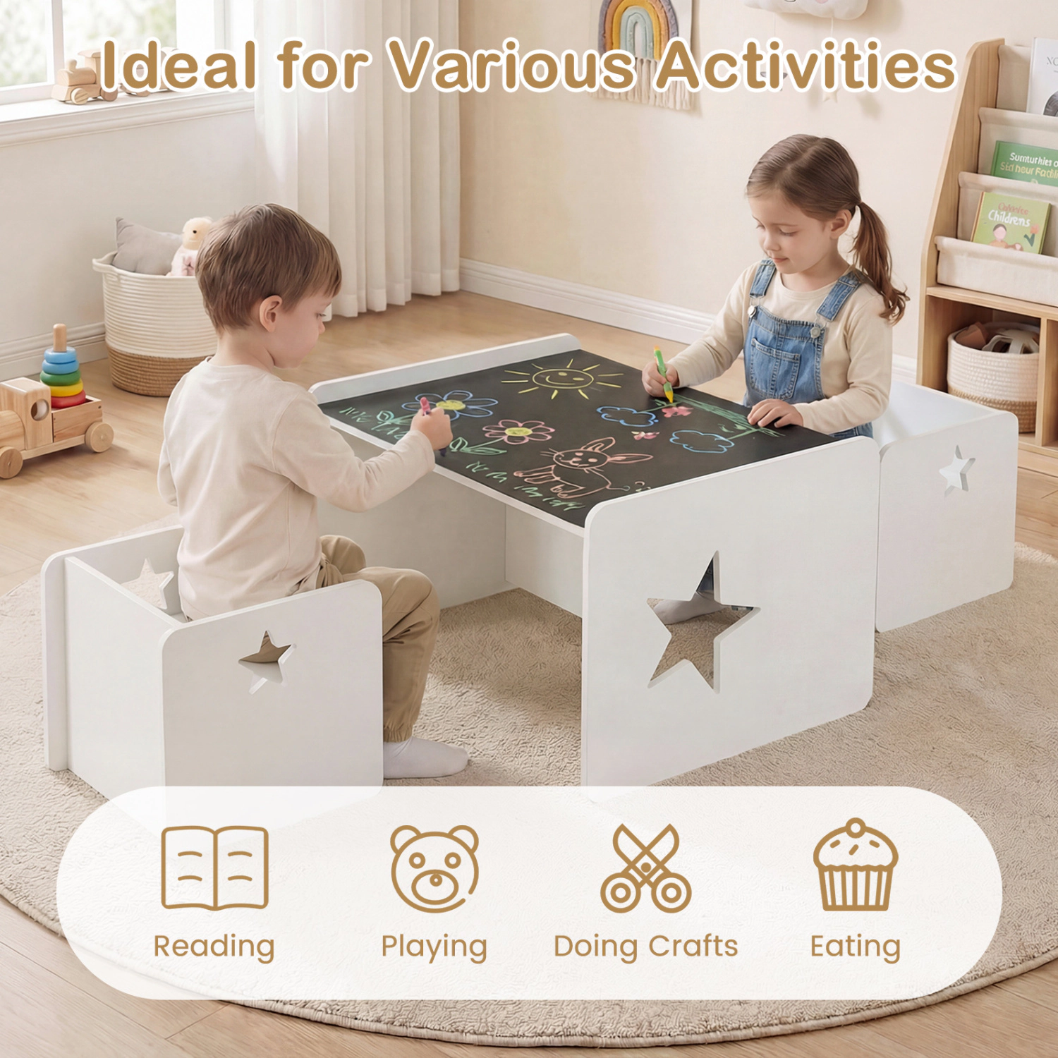 Hivvago 3 Pieces Kids Table And Chair Set Space-Saving Toddler Table And 2 Chairs