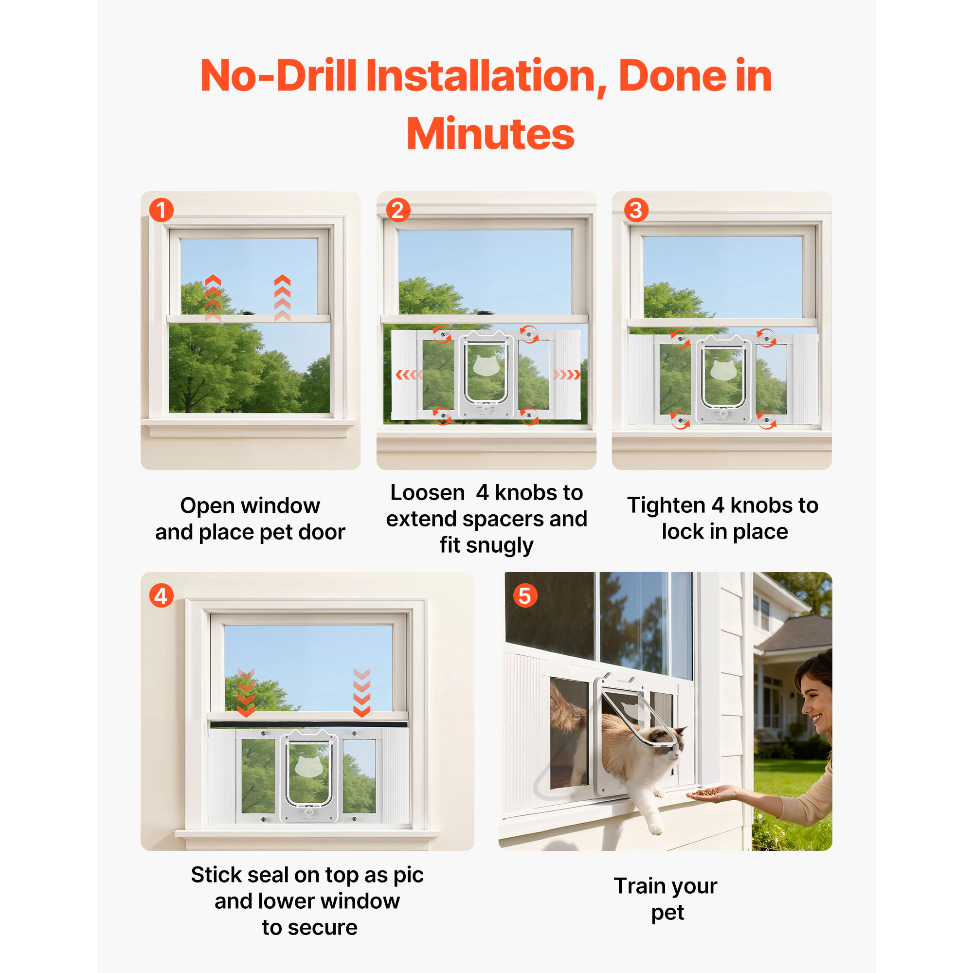 HONGGE Cat Door for Window, Adjustable 27-32 in Width, 4-Way Lock Aluminum Frame with Magnetic Closure, White