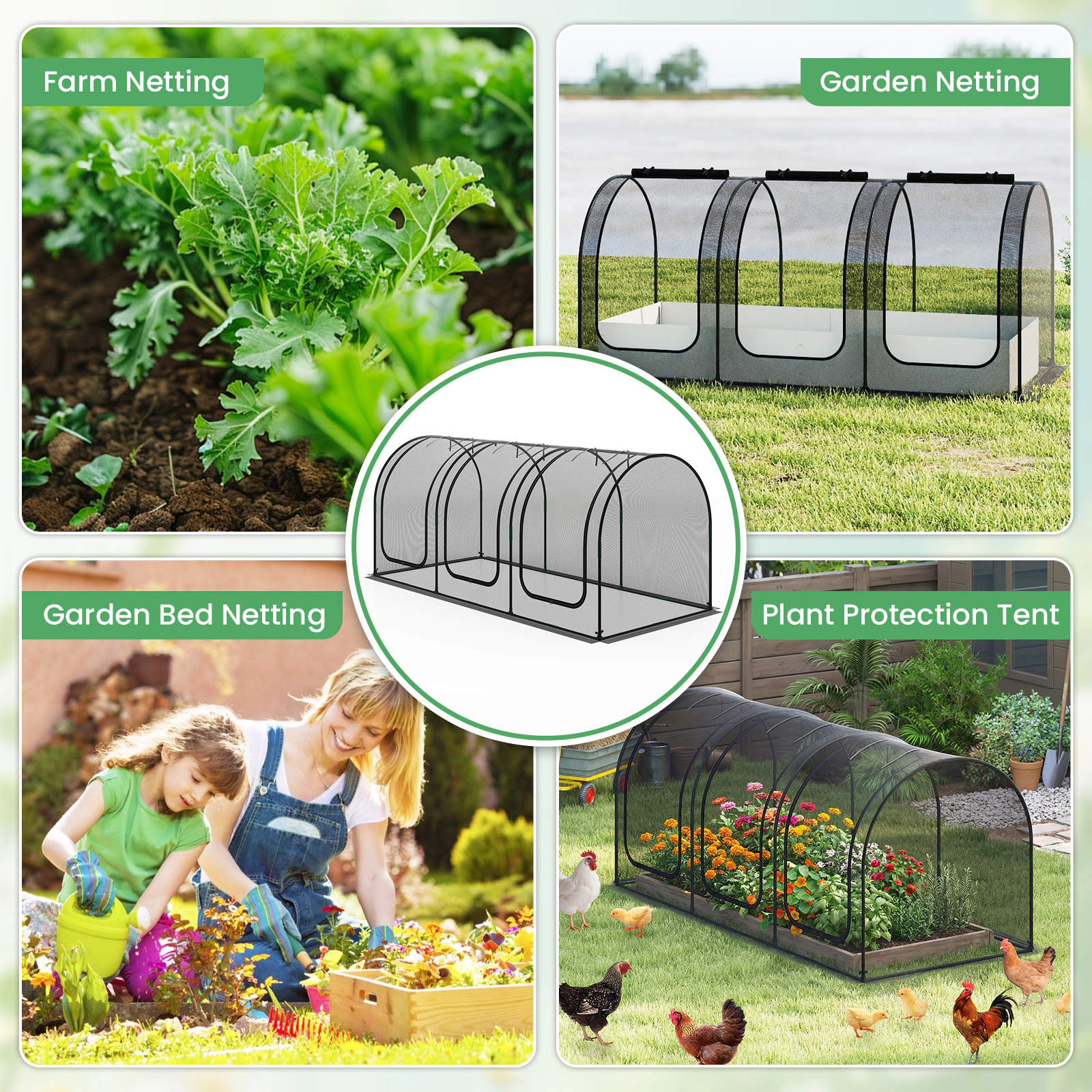 SUGIFT Tunnel Crop Cage Portable Plant Protection Tent Tunnel with 3 Roll-up Zippered Doors Green