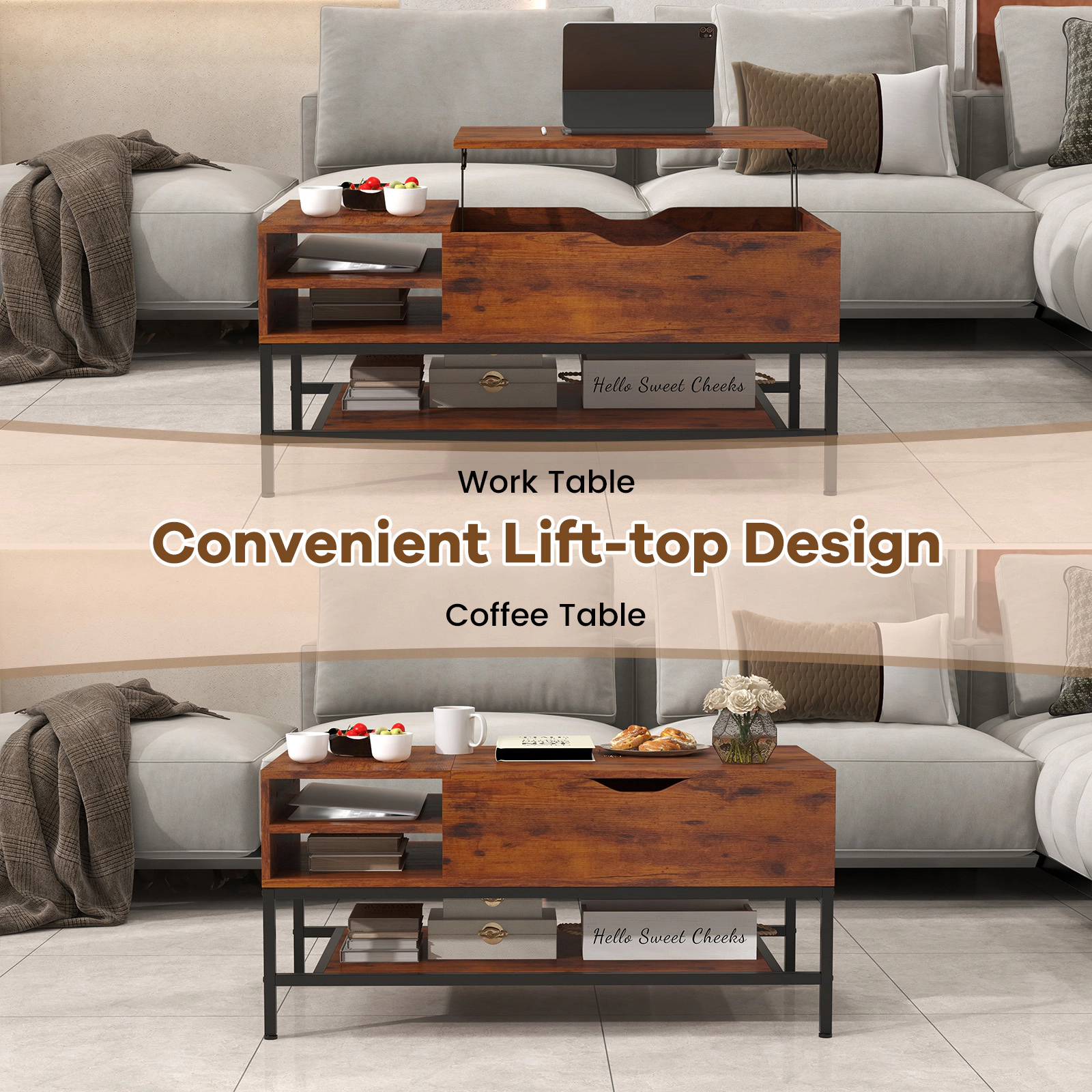 SUGIFT Lift Top Hidden Compartment Removable Shelf Coffee Table 39.5-in x 19.5-in x 19-in 88-lb Capacity Rustic Brown
