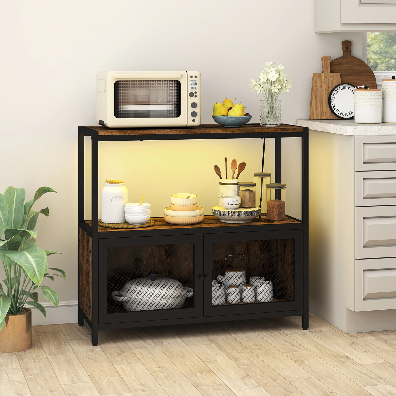 SUGIFT Industrial Coffee Bar Cabinet with LED Lights and Charging Station 110-lb Tabletop Capacity Rustic Brown & Black