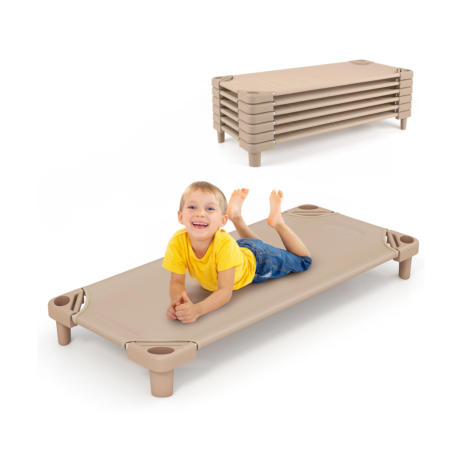 SUGIFT Stackable Kids Daycare Cot Pack of 6 Toddler Beds Detachable Oxford Fabric 132-lb Capacity Ages 3-6 51-in Beige