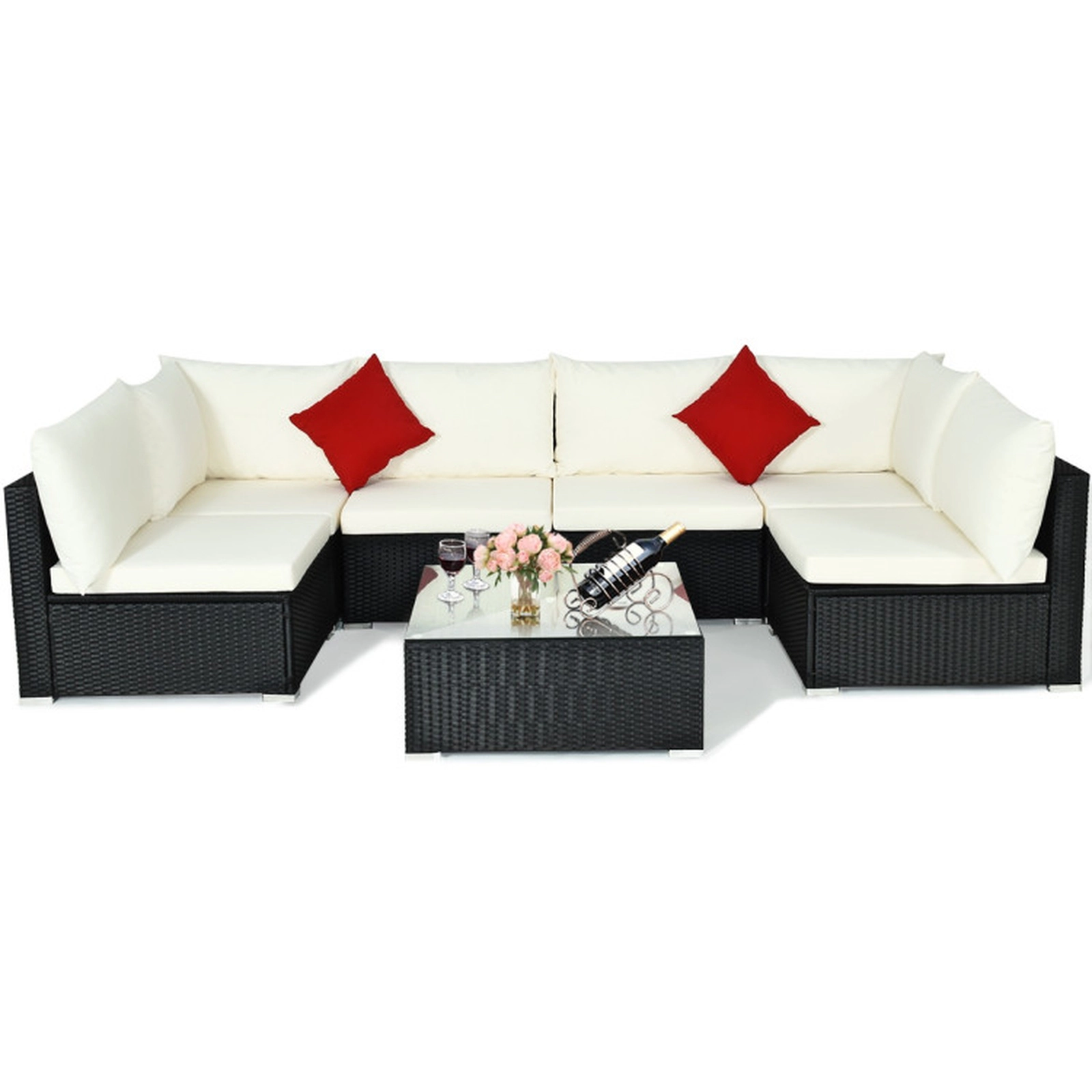 SUGIFT 7-Piece Beige PE Wicker Patio Sectional Sofa Set with Tempered Glass Table