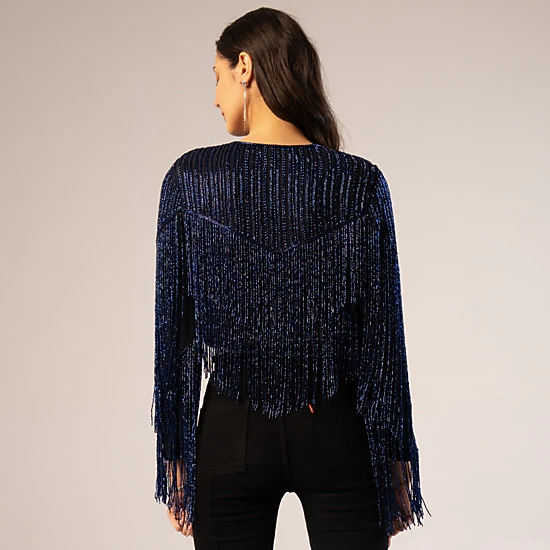 Rose & Nancy Women's Blue Black Scarlett Beaded Fringe Jacket