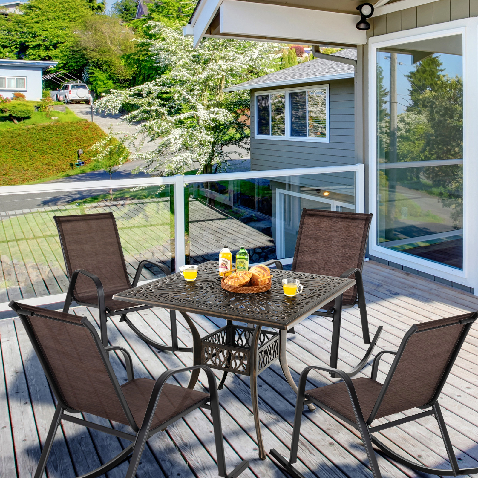 SUGIFT Set of 2 Brown Metal Outdoor Rocking Chairs