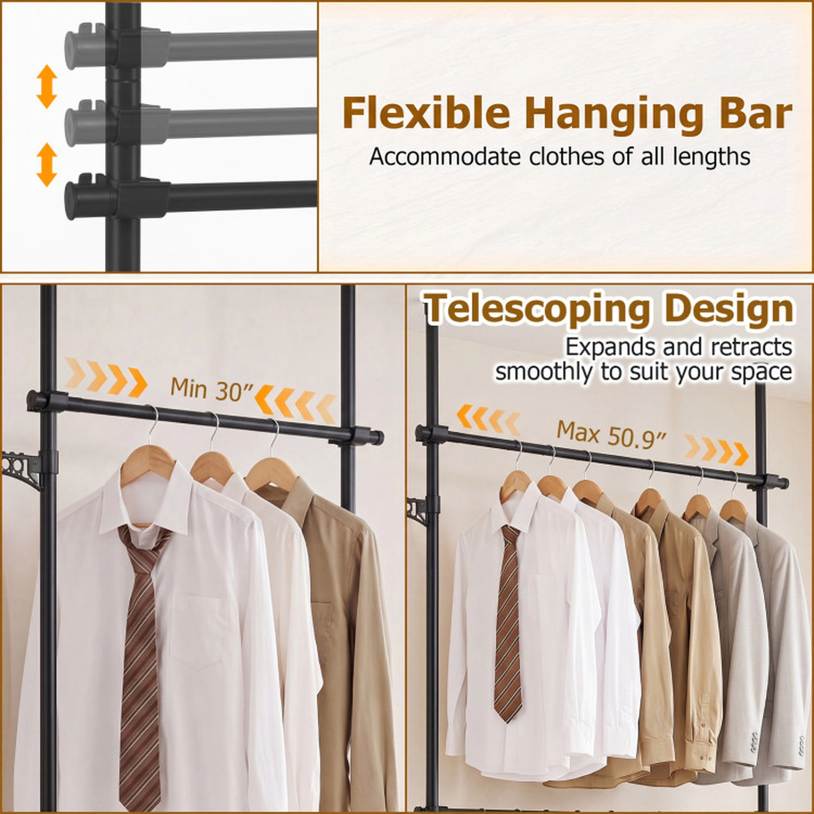 SUGIFT Adjustable Floor to Ceiling Clothes Rack Black with 2 Hanging Rods