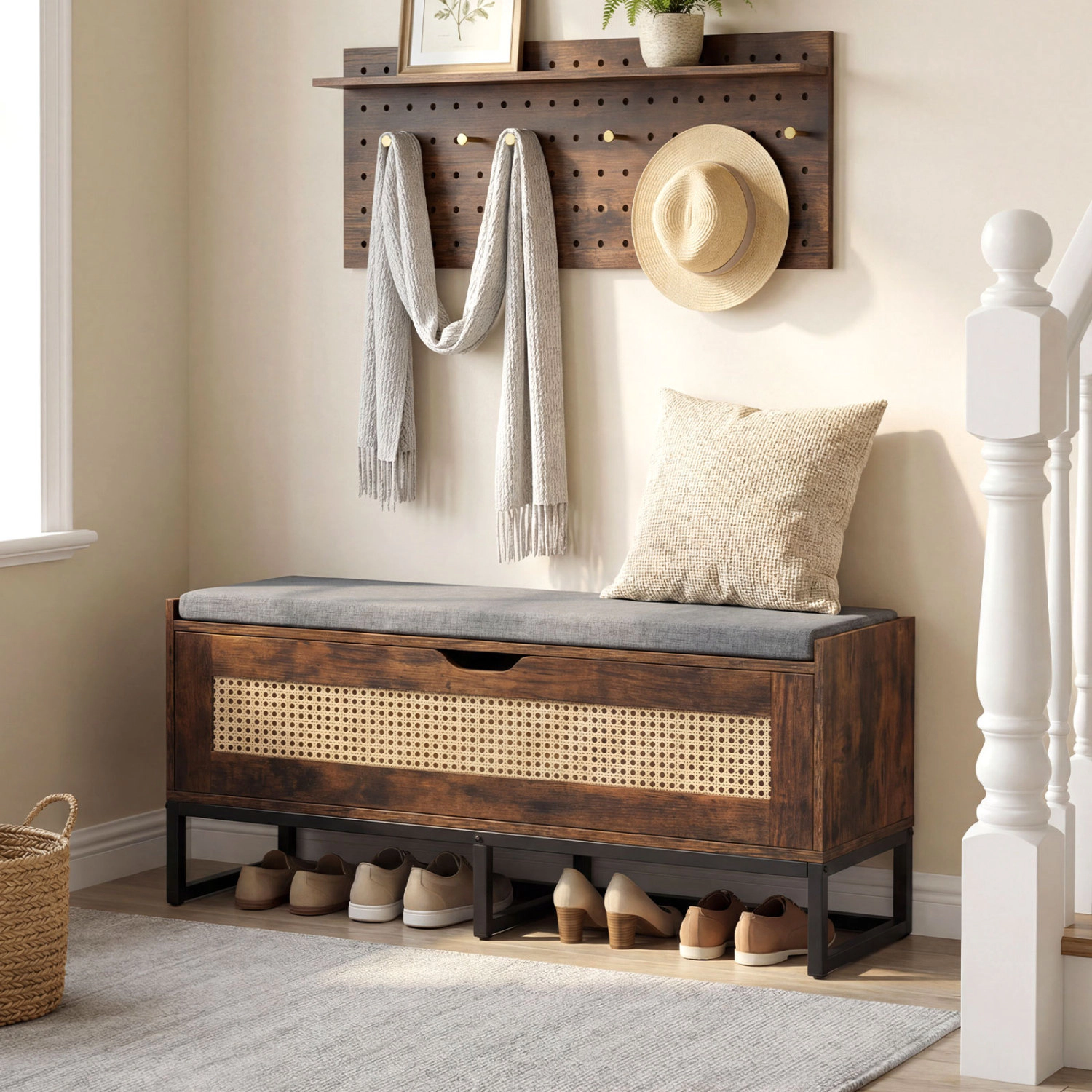 LJG 39.5" Rattan Storage Chest Wicker Shoe Bench with Padded Seat Flip-Top